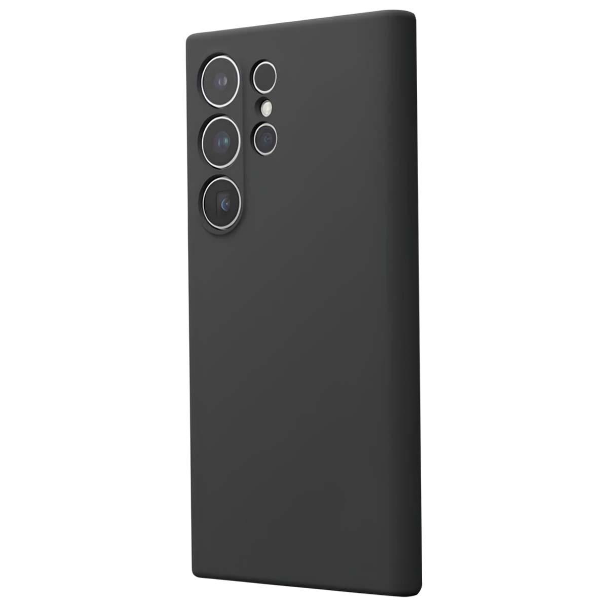 Uno smartphone nero con più obiettivi della fotocamera sul retro, disposti verticalmente e orizzontalmente, su sfondo bianco.