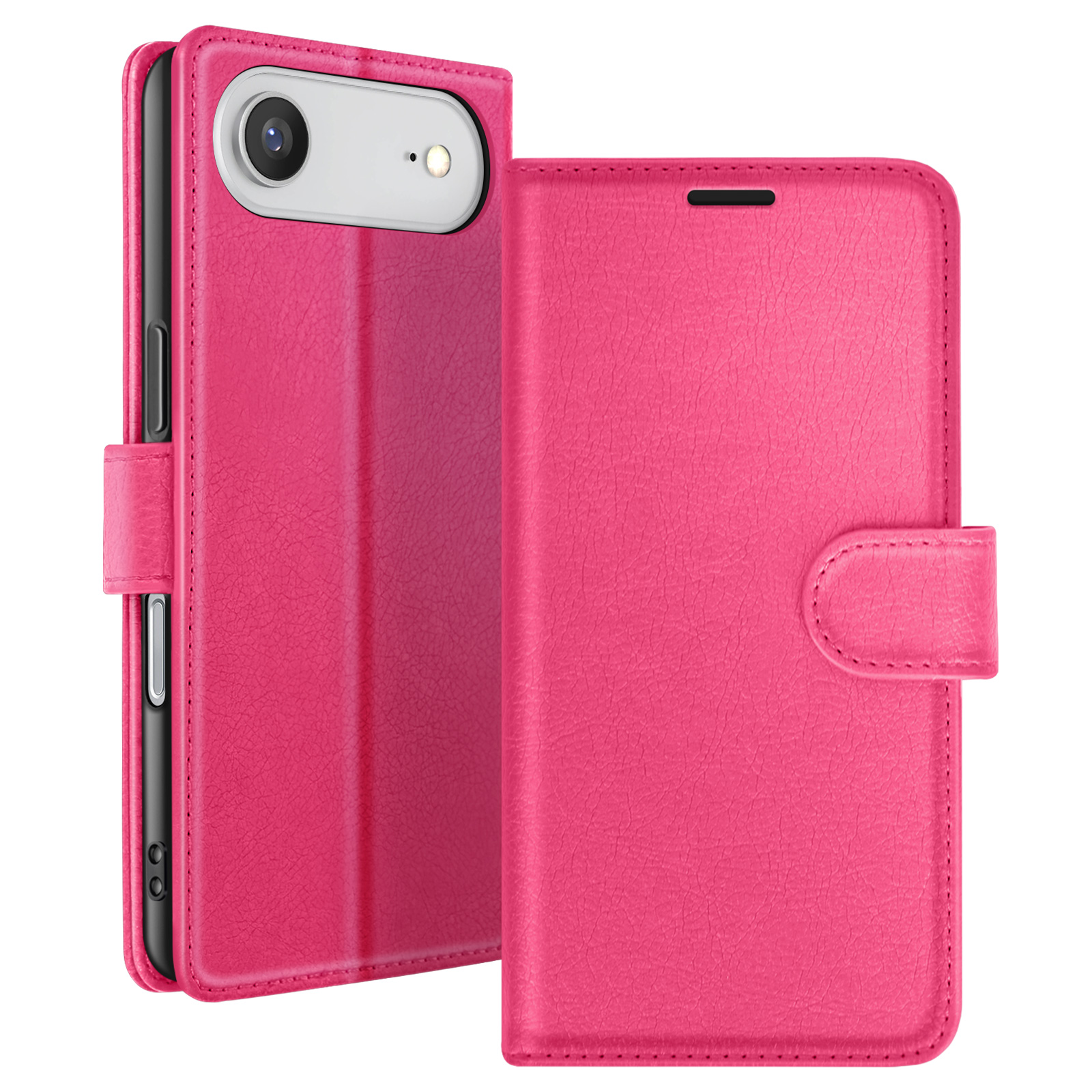 Un étui de téléphone rose, ouvert, montrant le téléphone. L'étui est texturé avec une fermeture magnétique.