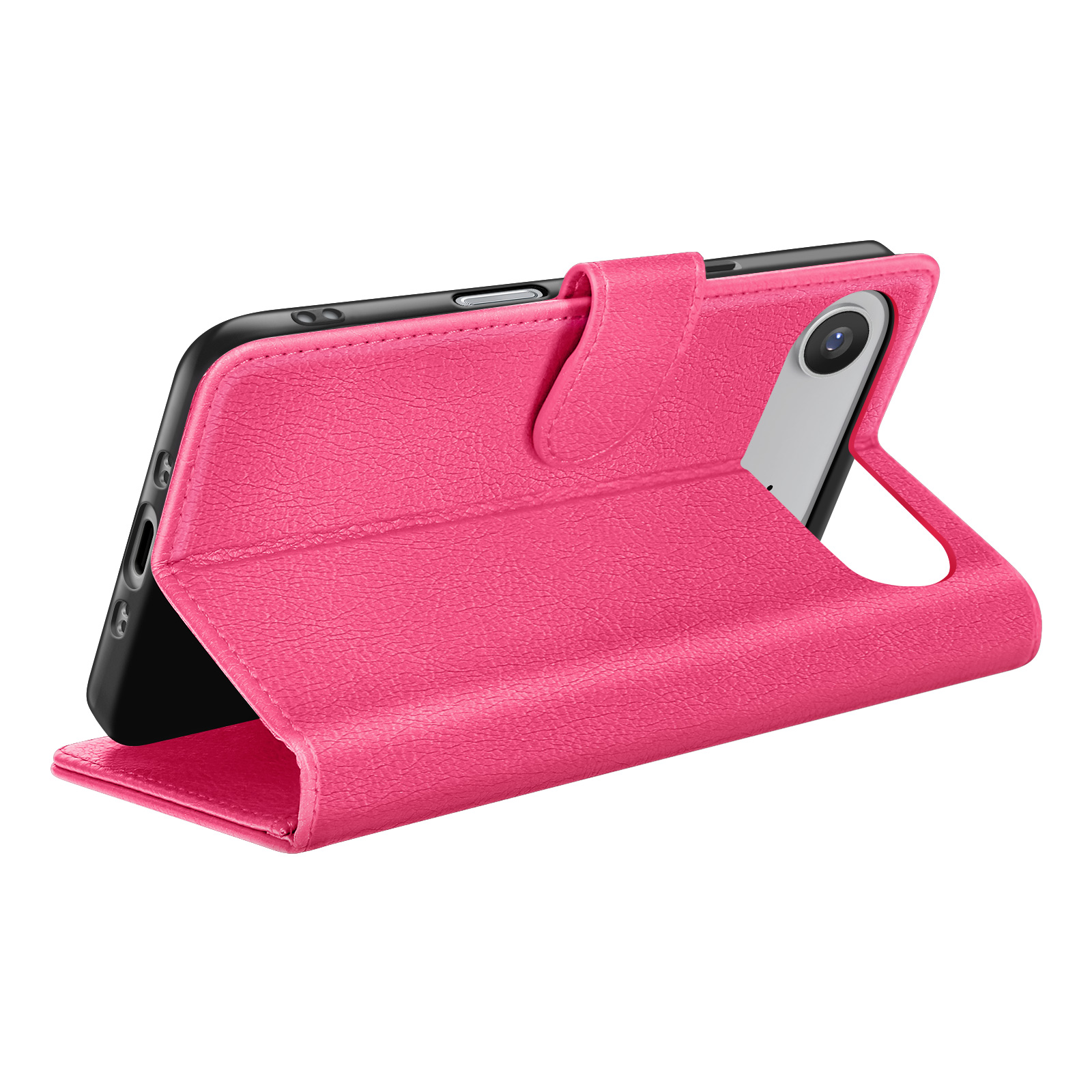 Étui de téléphone rose avec un design pliable, le téléphone est noir. La caméra et le flash sont visibles.