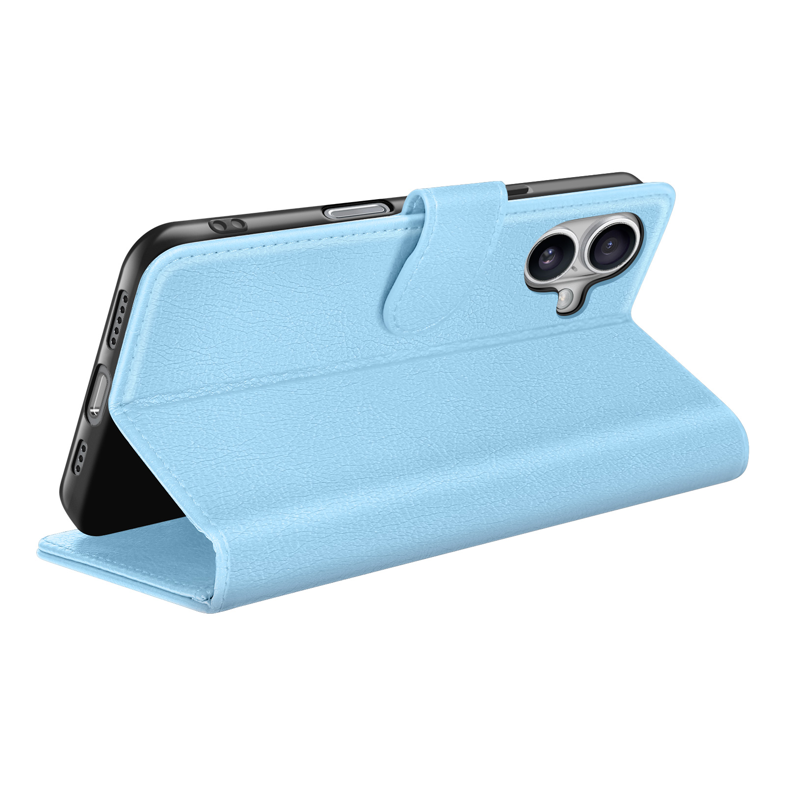 Una custodia per telefono azzurra, aperta, con un telefono all'interno. La custodia ha una superficie strutturata e una chiusura magnetica.