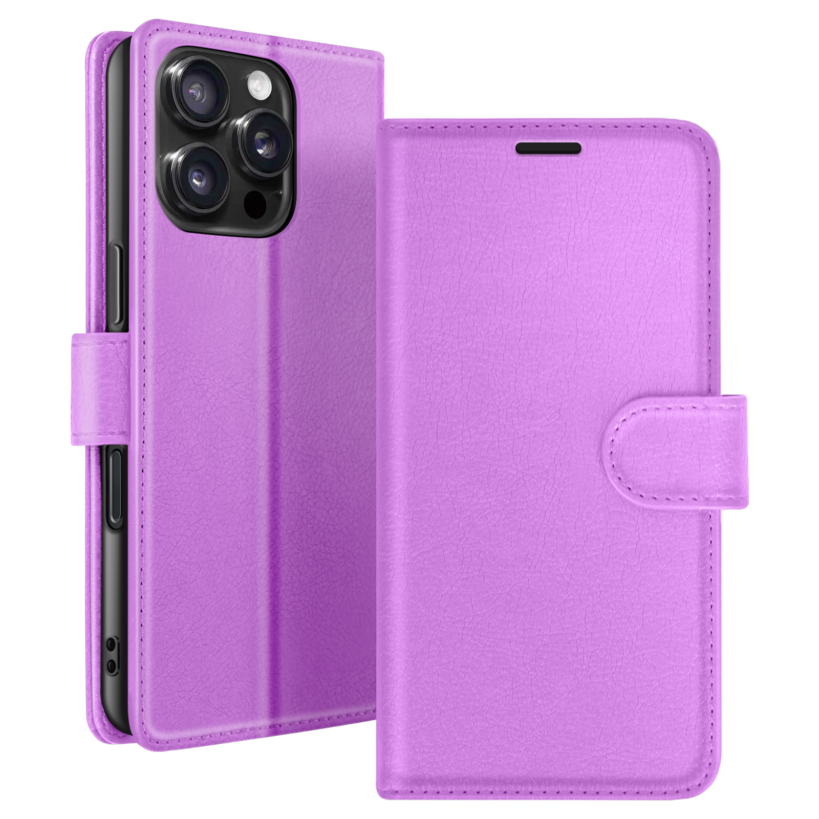 Een paarse telefoonhoes met een klepsluiting. De telefoon zit erin. De achtergrond is wit.