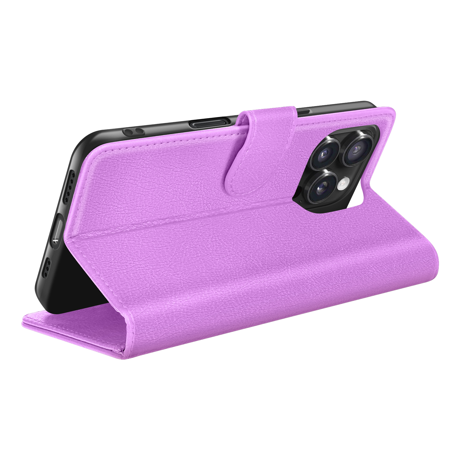Een paarse telefoonhoes in een standaard. De zwarte telefoon is zichtbaar. De achtergrond is wit.