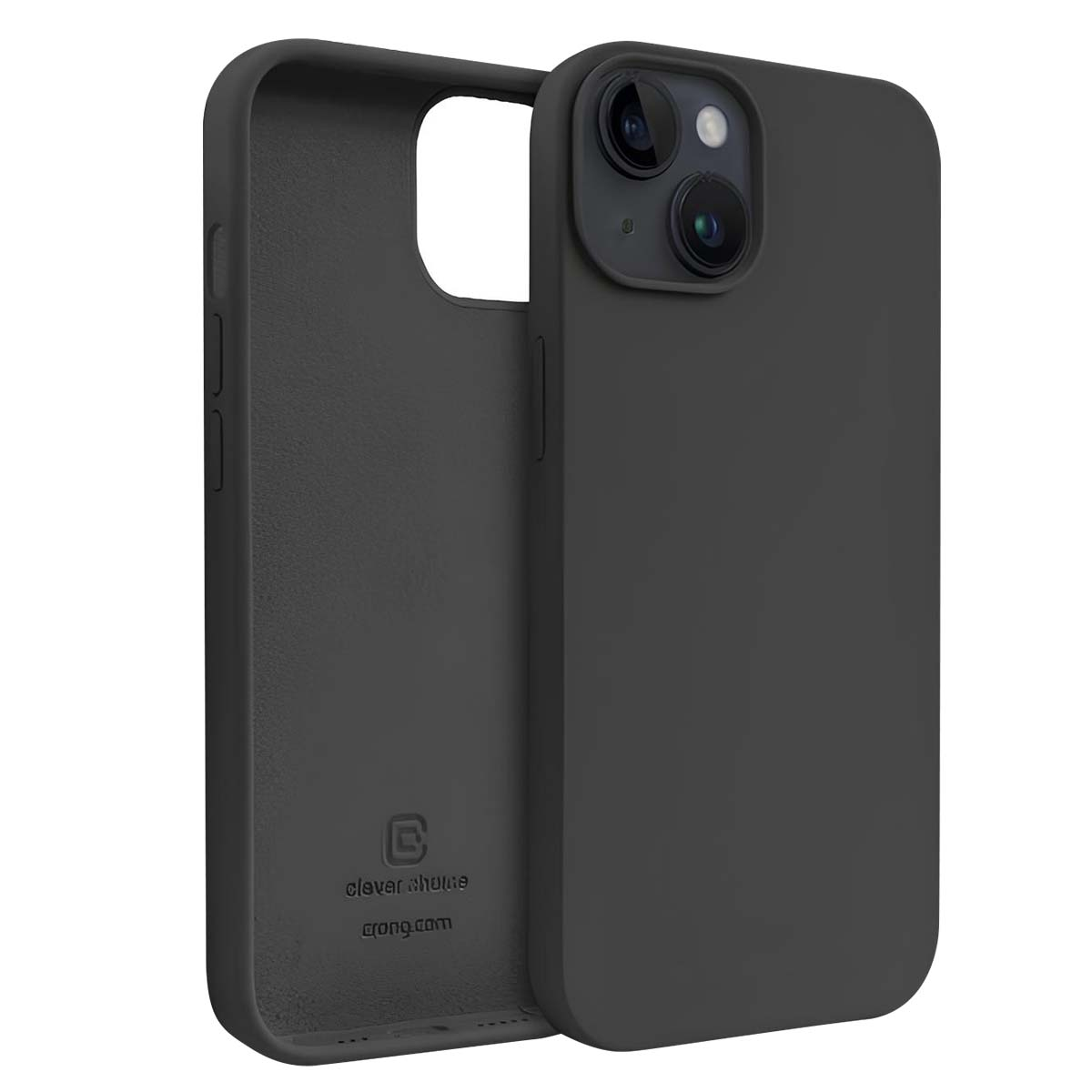 Custodia nera per telefono, che mostra l'interno e l'esterno. La custodia si adatta a un telefono con doppia fotocamera. Il marchio 'clever shume' è visibile.