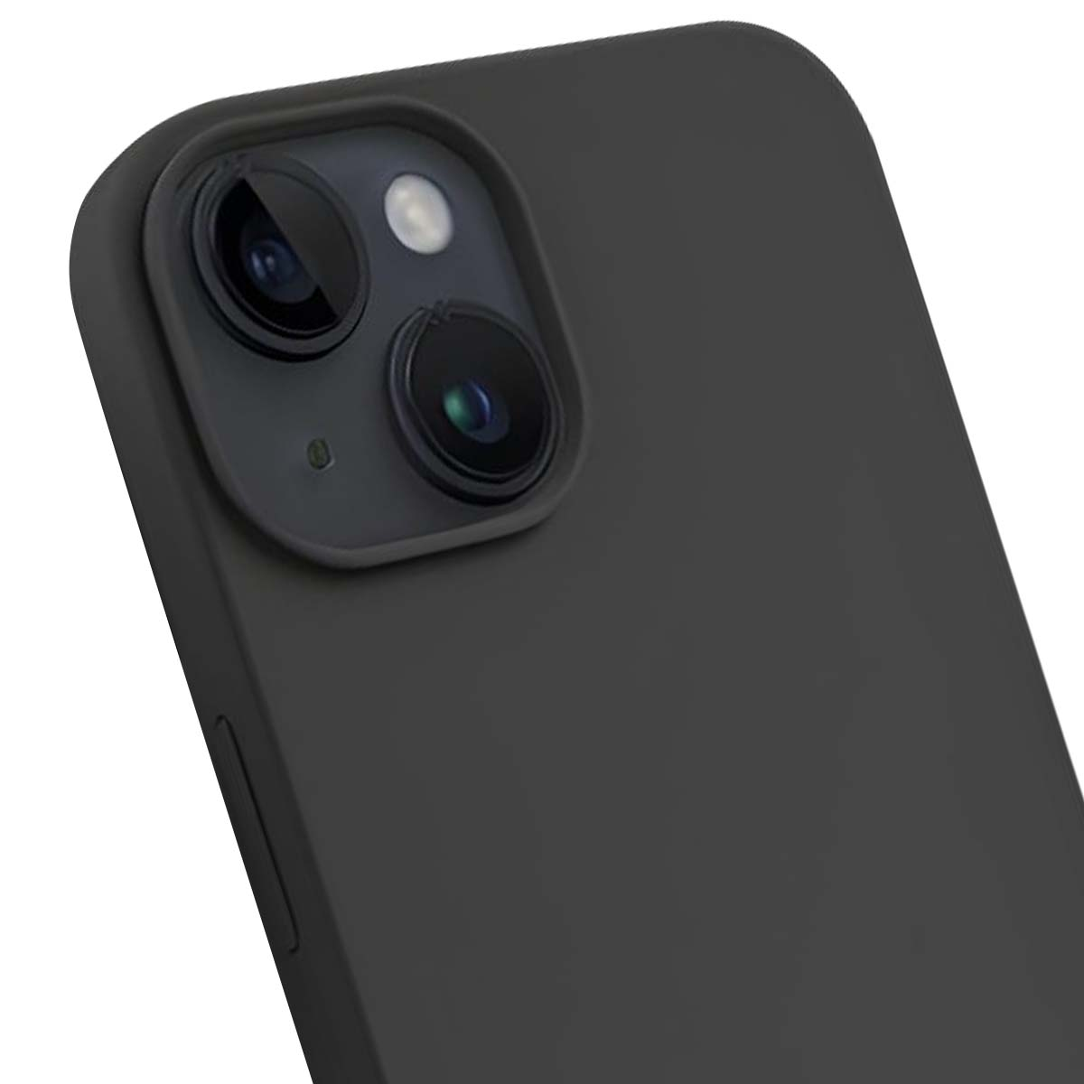 Primo piano di una custodia per telefono grigio scuro con lenti della fotocamera visibili. La custodia ha una consistenza liscia. Due obiettivi e un flash sono visibili.
