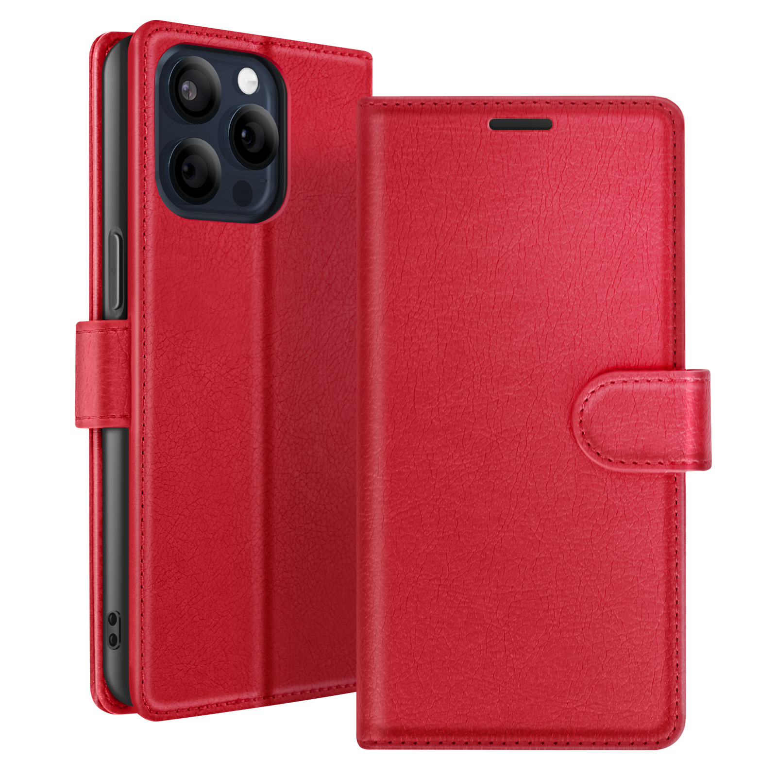 Custodia per telefono in pelle rossa, aperta per rivelare il telefono. Chiusura magnetica e superficie strutturata.