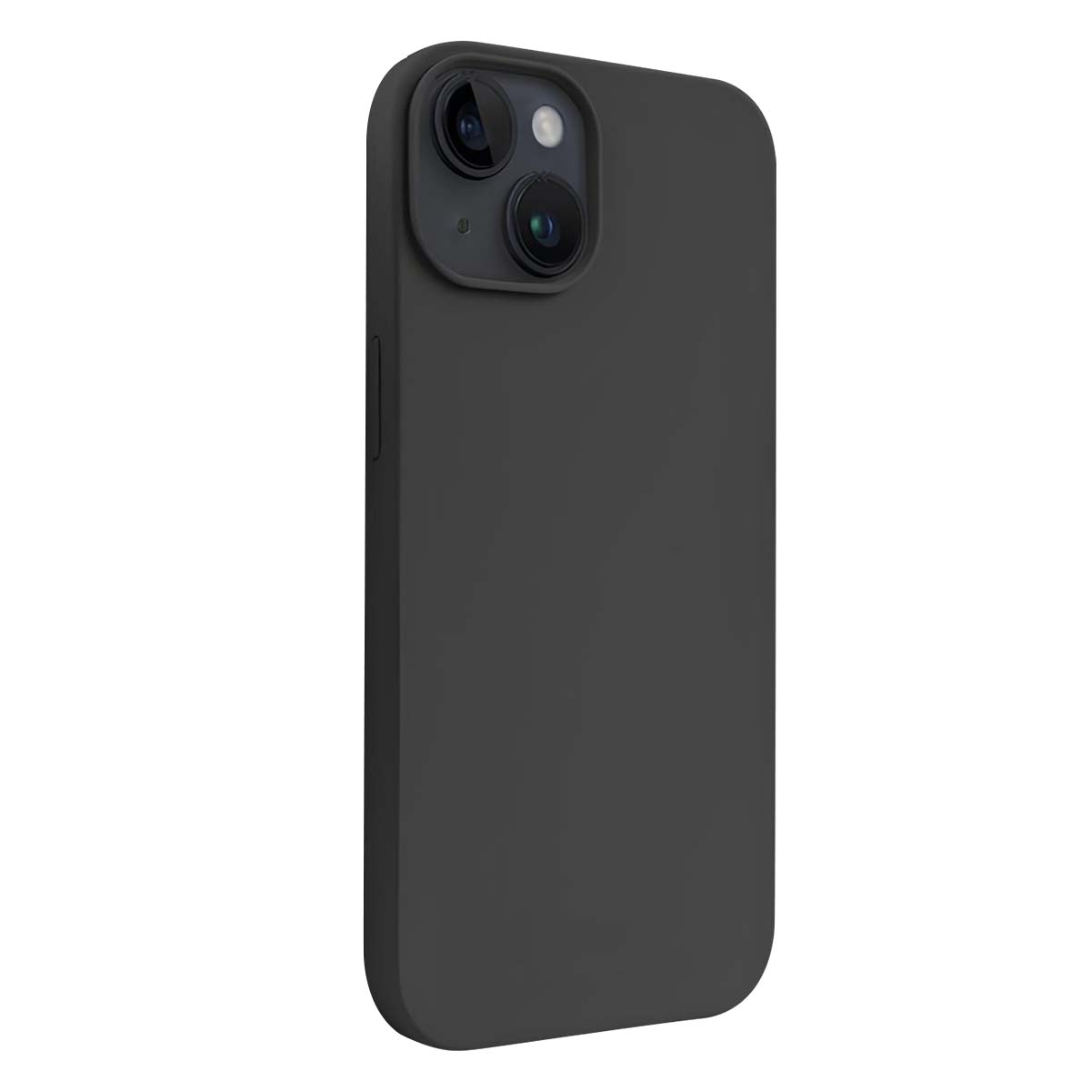 Una custodia per telefono grigio scuro con un rigonfiamento per la fotocamera. Sono visibili due lenti e un flash. La custodia è liscia.