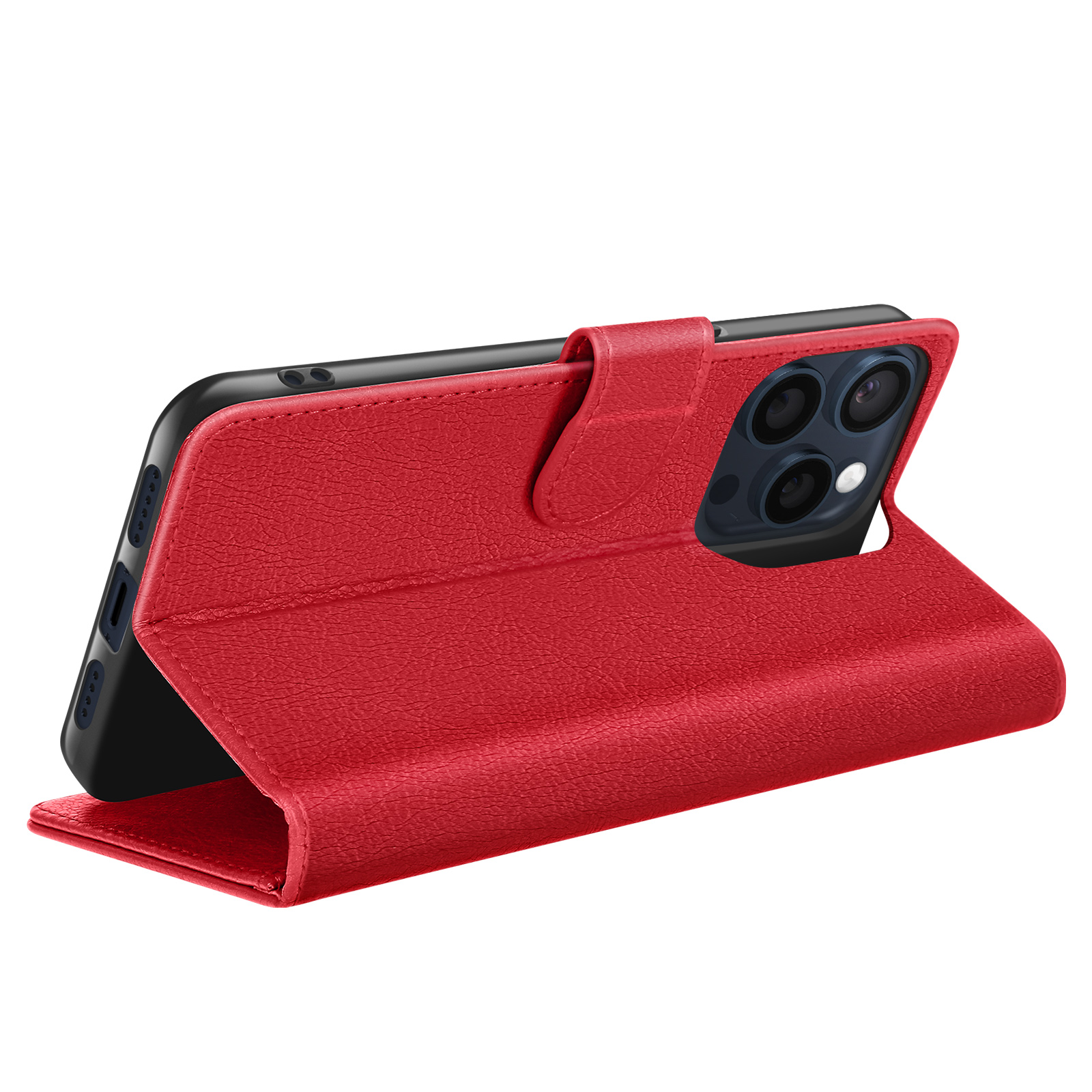 Una custodia per telefono in pelle rossa è aperta per mostrare un telefono nero con una fotocamera a tre lenti.