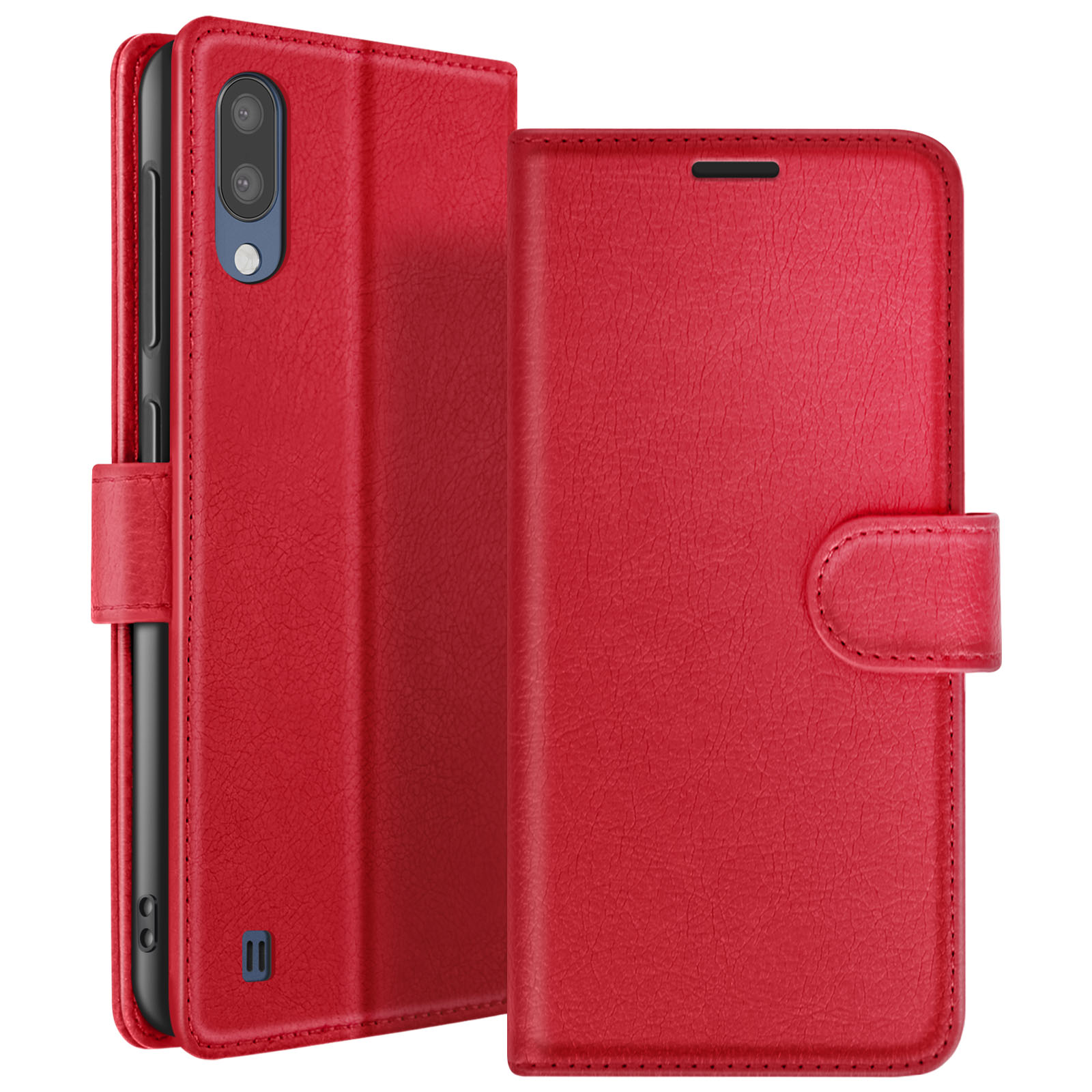 Étui de téléphone en cuir rouge, ouvert pour révéler un téléphone noir. L'étui a une fermeture magnétique et une surface texturée.