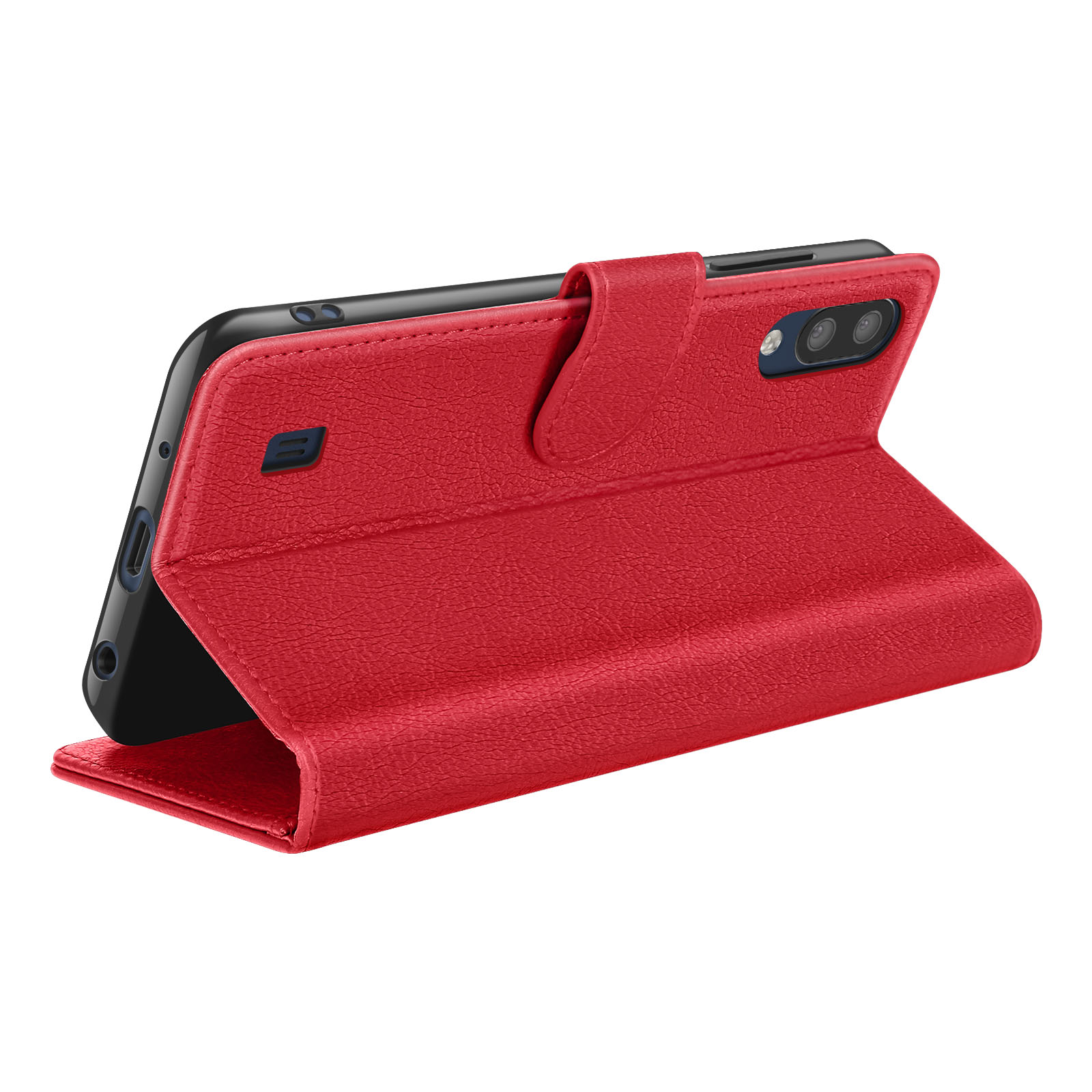 Un étui de téléphone en cuir rouge est ouvert, montrant un téléphone noir. L'étui est incliné, avec une fermeture magnétique.