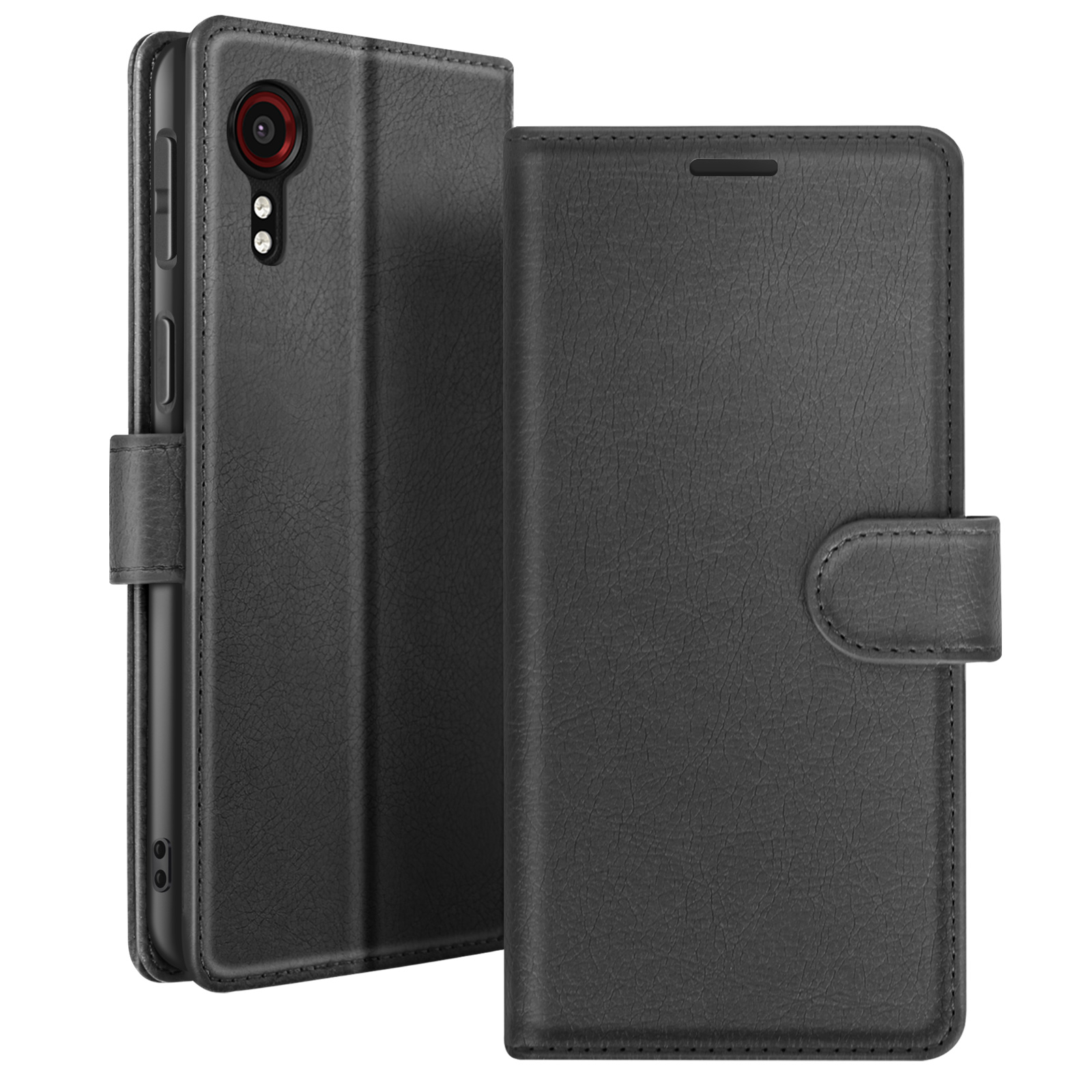 Étui de téléphone noir avec rabat ouvert. Le téléphone a une caméra et des boutons. L'étui a une fermeture magnétique.