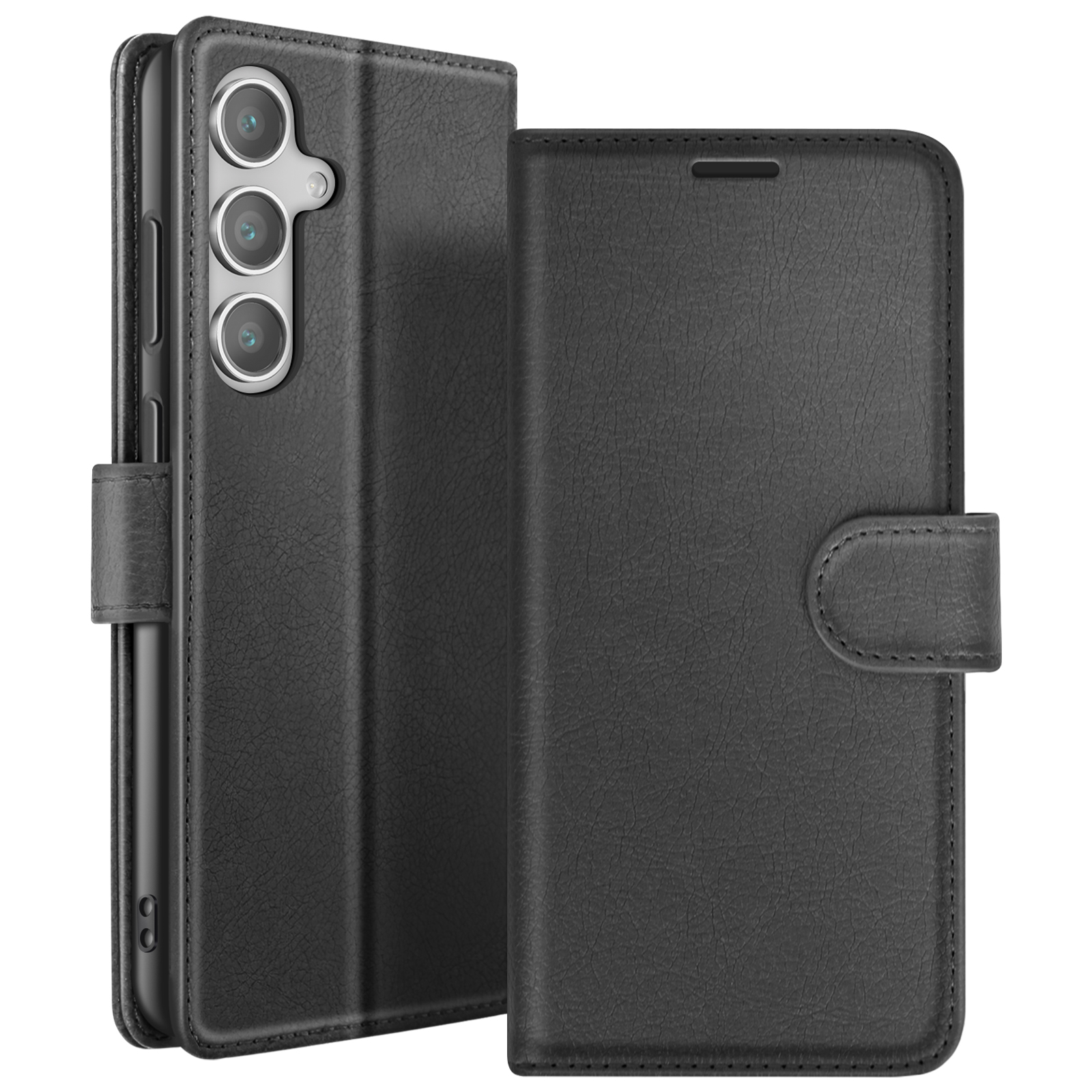 Étui de téléphone noir, ouvert. Montre les caméras du téléphone et la texture du cuir. Fermeture magnétique.