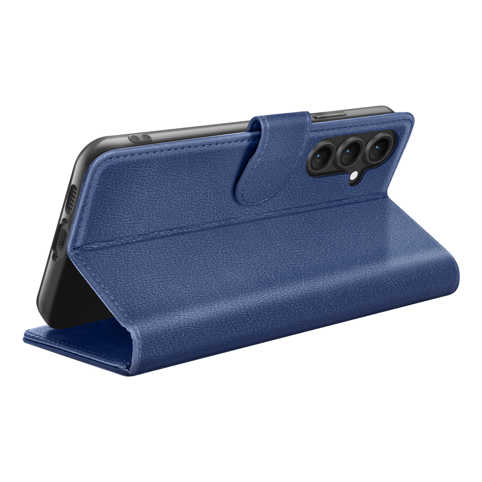 Un étui de téléphone bleu avec un téléphone à l'intérieur. L'étui est ouvert, montrant les lentilles de la caméra du téléphone.