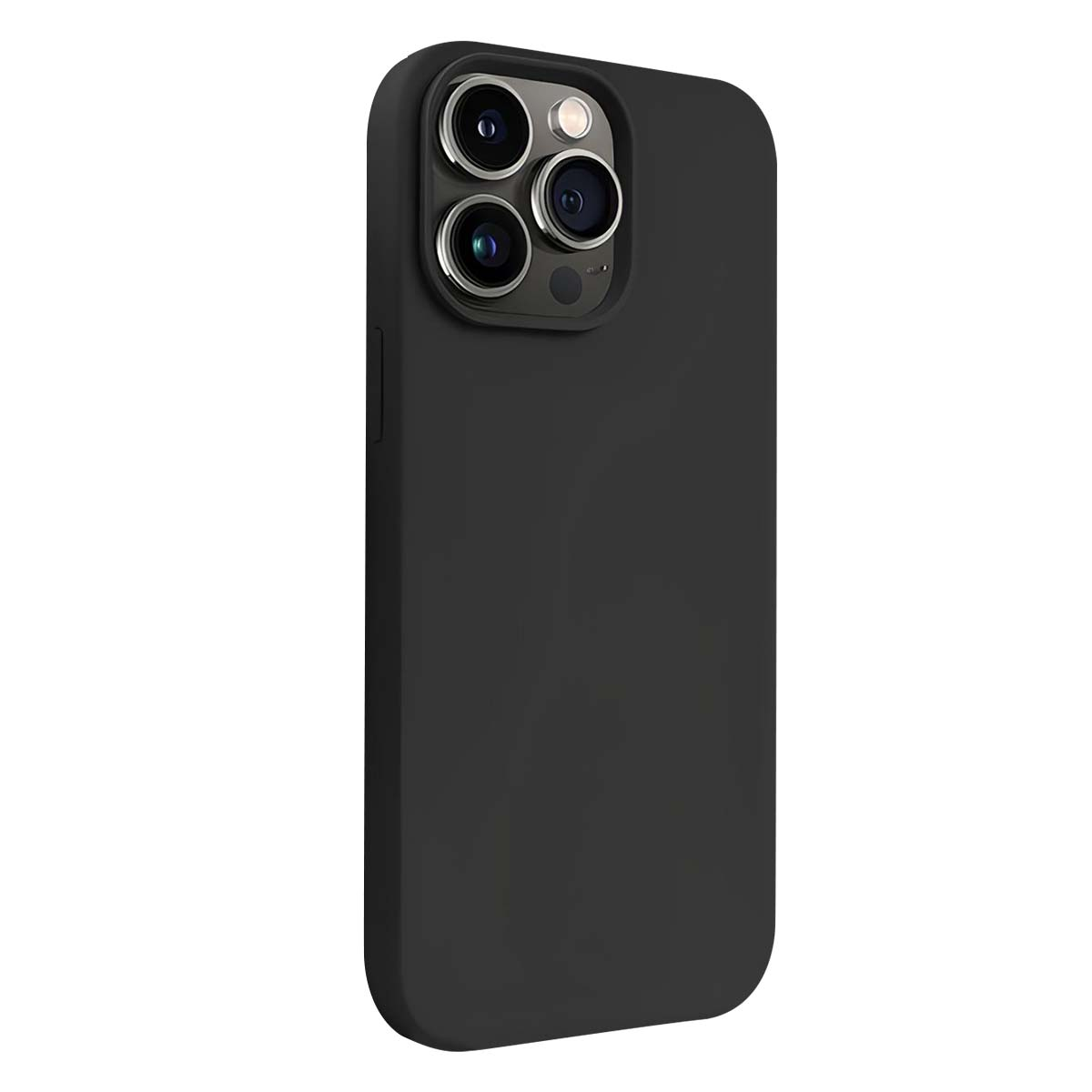 Viene mostrata una custodia nera per telefono con lenti della fotocamera. La custodia è liscia e opaca. Lo sfondo è bianco.