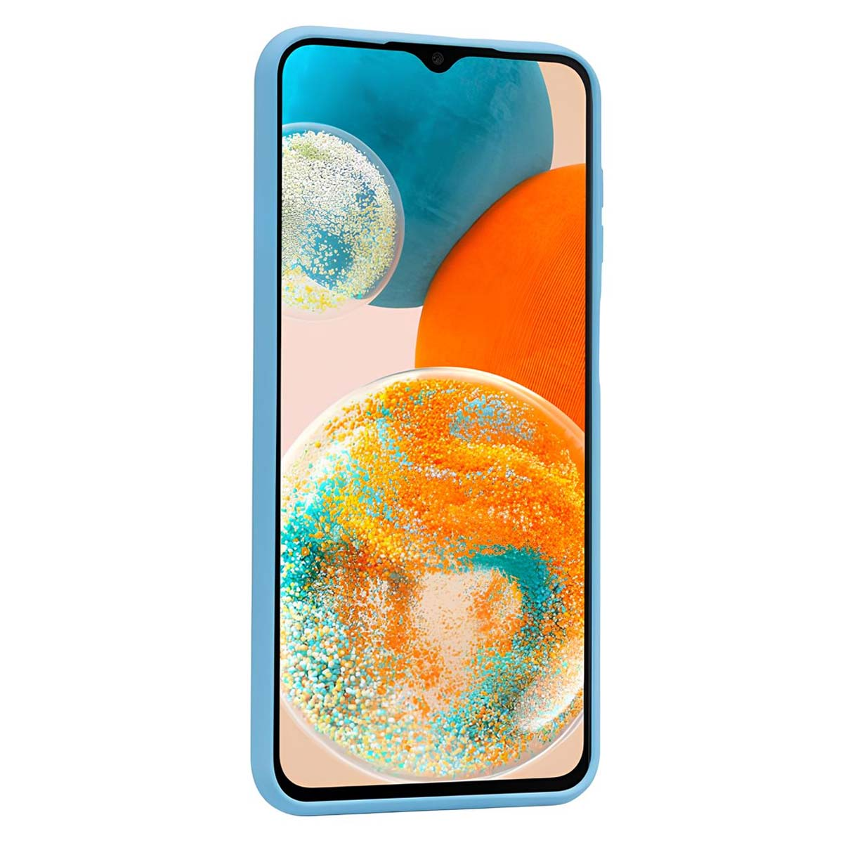 Uno smartphone in una custodia azzurra mostra arte astratta con sfere blu, arancioni e gialle su sfondo chiaro.