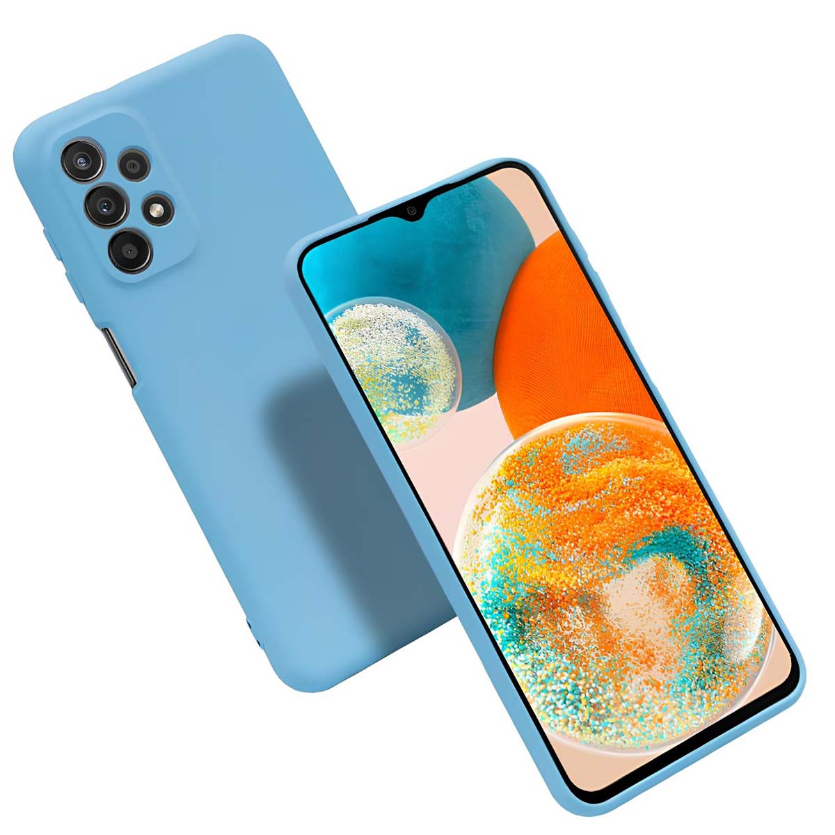 Due custodie per telefono azzurre. Una mostra uno schermo con arte astratta. L'altra ha la protuberanza della fotocamera visibile.