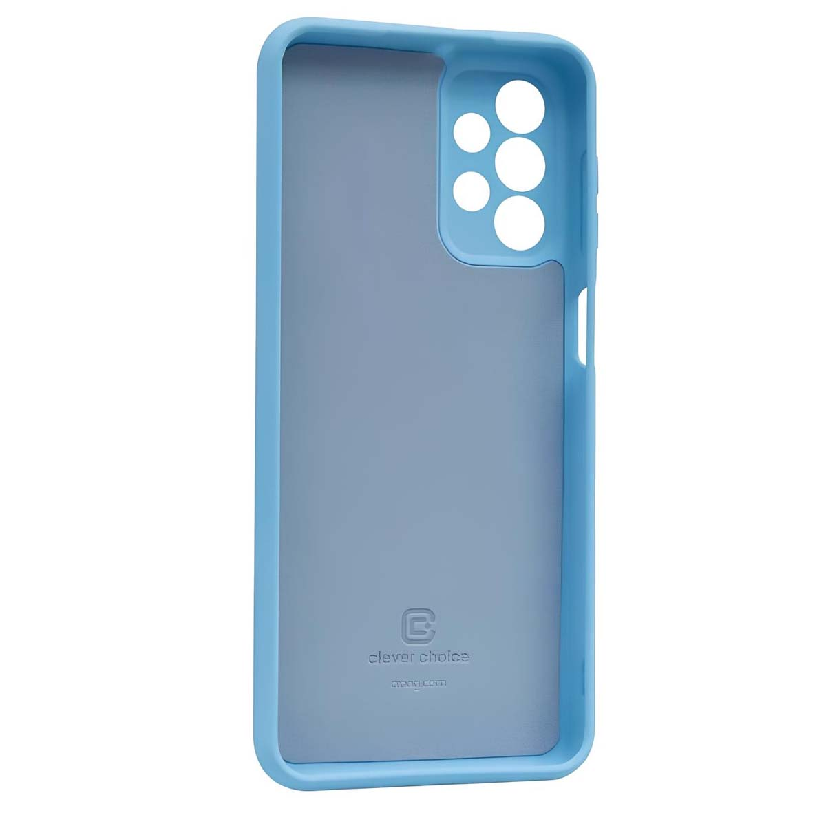 Una custodia per telefono blu chiaro con una cornice blu più scura. L'interno è blu chiaro. Ha ritagli per fotocamera e pulsanti. Il marchio è Clever Choice.