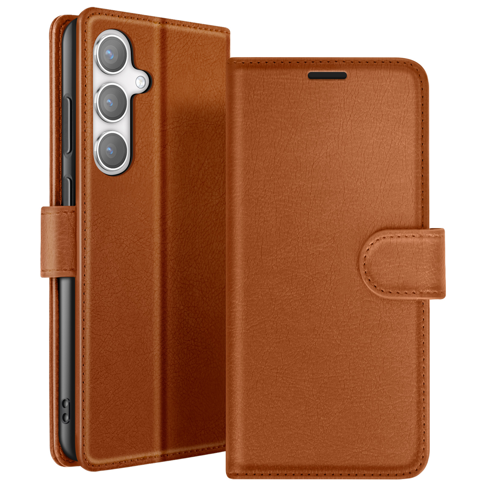 Un étui de téléphone en cuir marron, ouvert, révèle un téléphone avec trois caméras. L'étui a une fermeture magnétique.