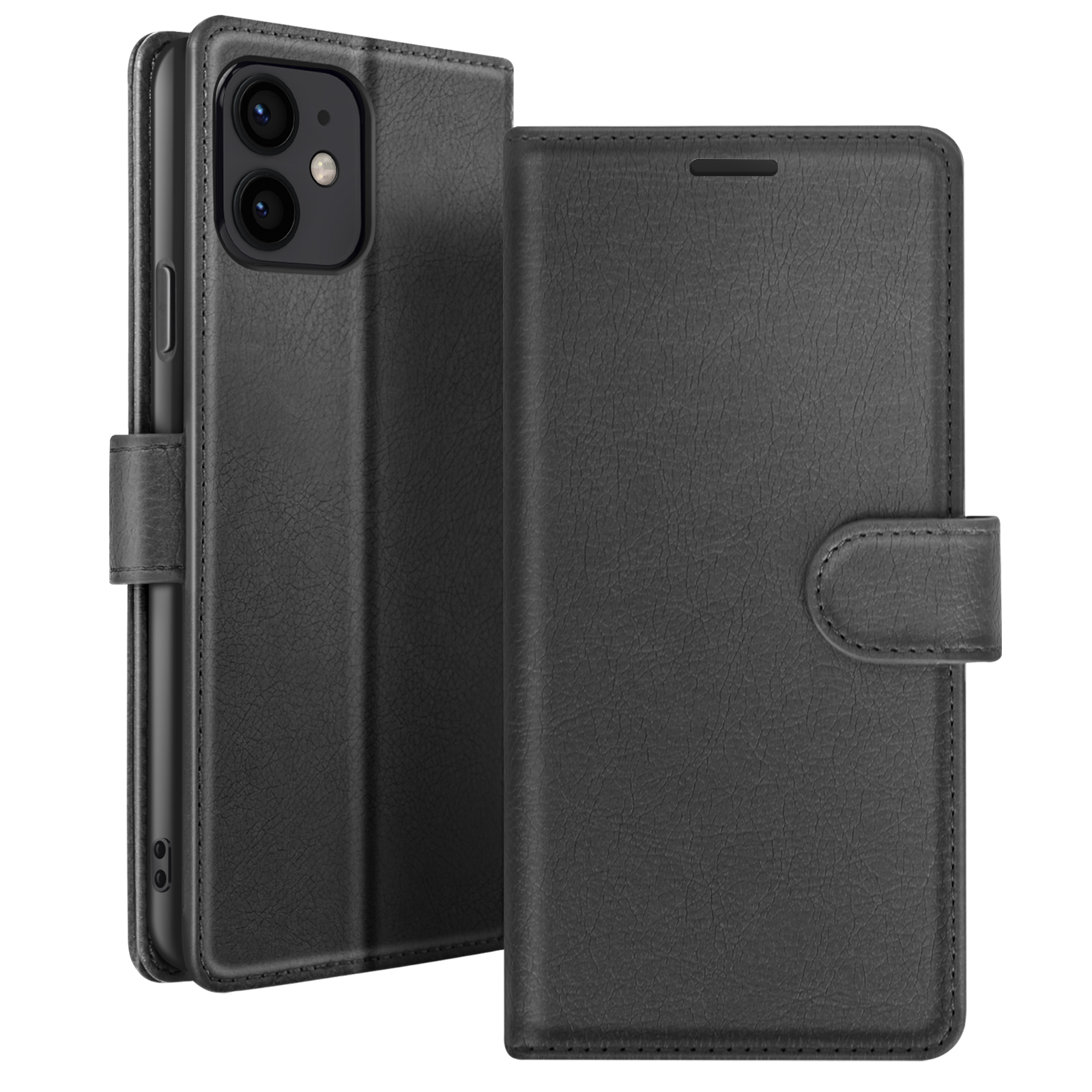 Custodia per telefono in pelle nera, aperta. Mostra la fotocamera del telefono, la custodia ha una chiusura magnetica e cuciture.