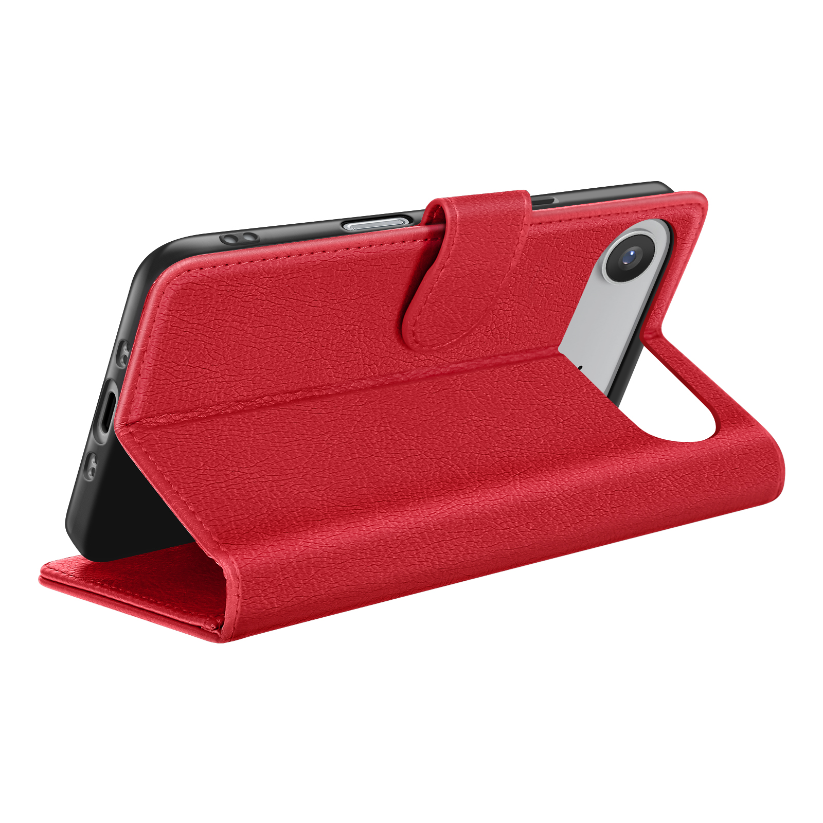 Een rode leren telefoonhoes is open en onthult een zwarte telefoon. De hoes heeft een magnetische sluiting.