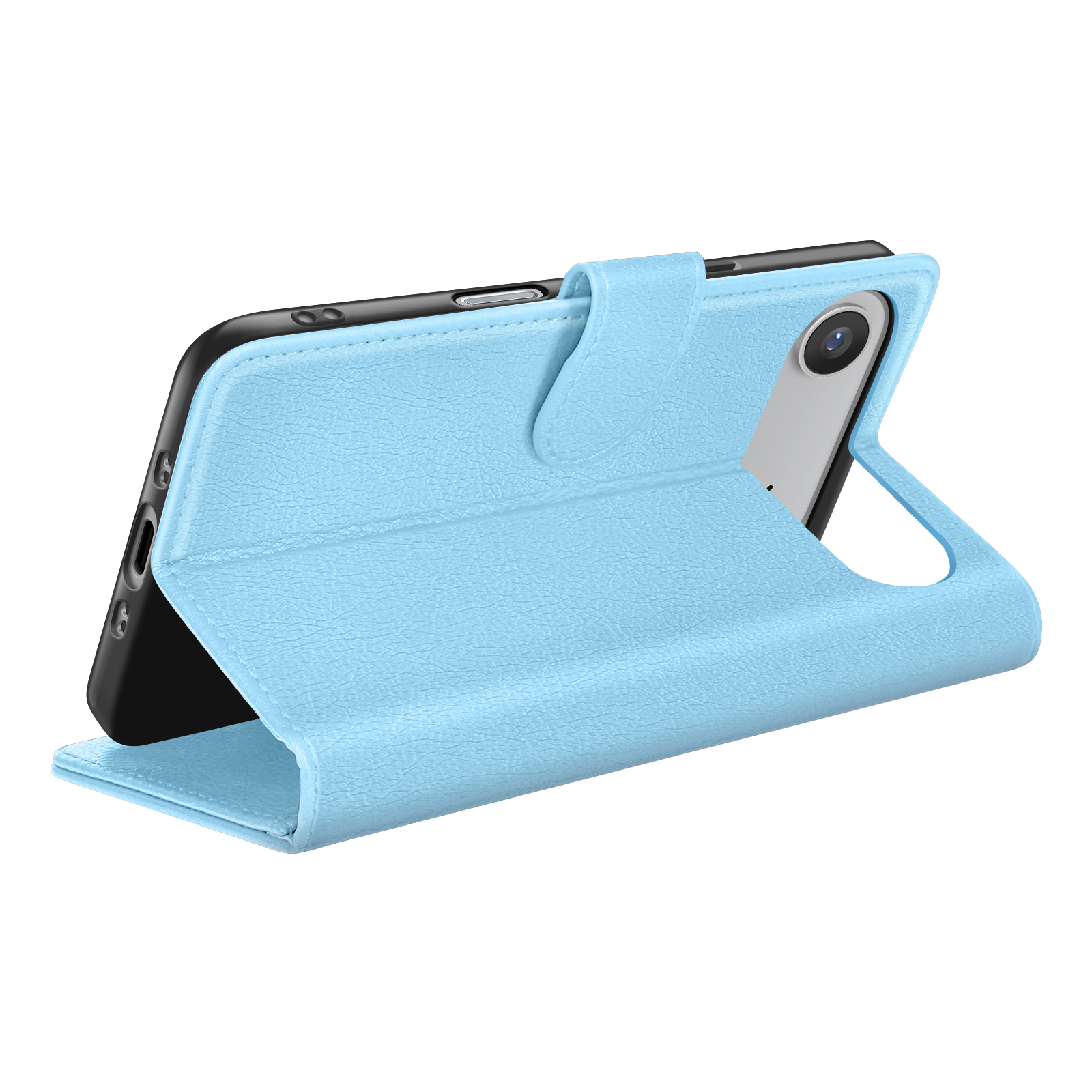 Una custodia per telefono azzurra è aperta, rivelando un telefono con fotocamera. La custodia ha una superficie strutturata.