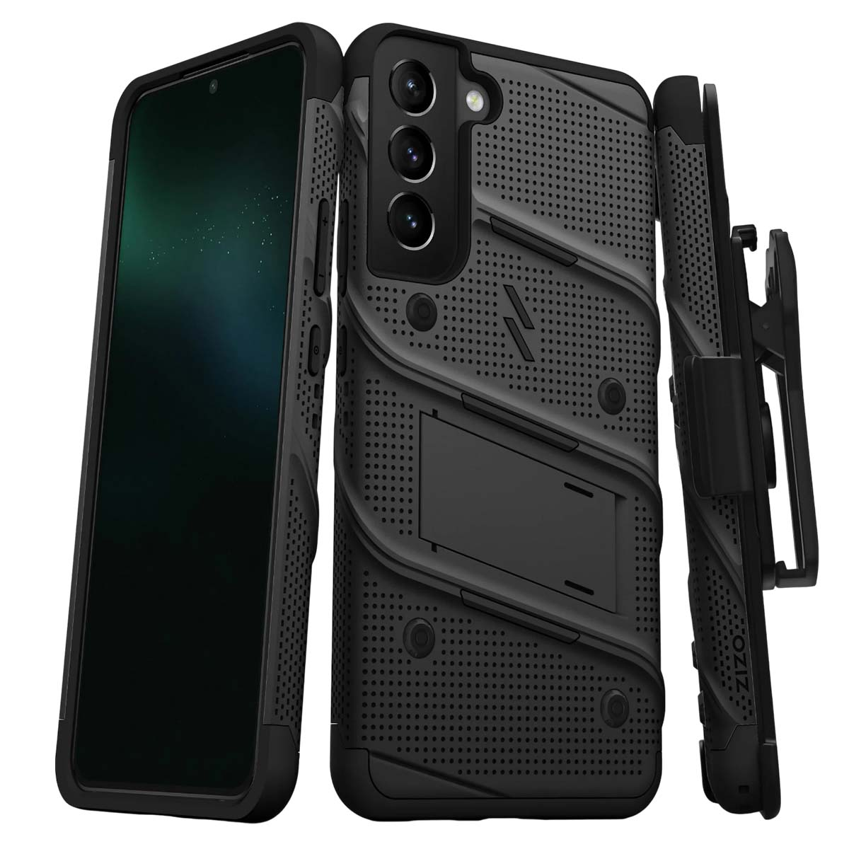 Custodia per telefono nera con telefono all'interno e una fondina separata. La custodia ha un cavalletto e un design a pois.