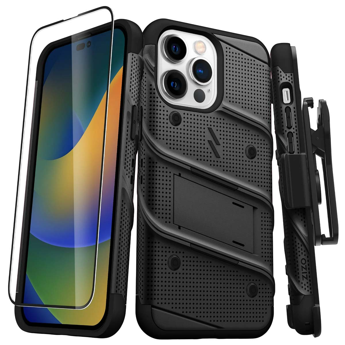 Custodia nera per telefono con protezione schermo, supporto e clip da cintura. Il telefono è visibile dietro la protezione. La custodia ha un design strutturato.