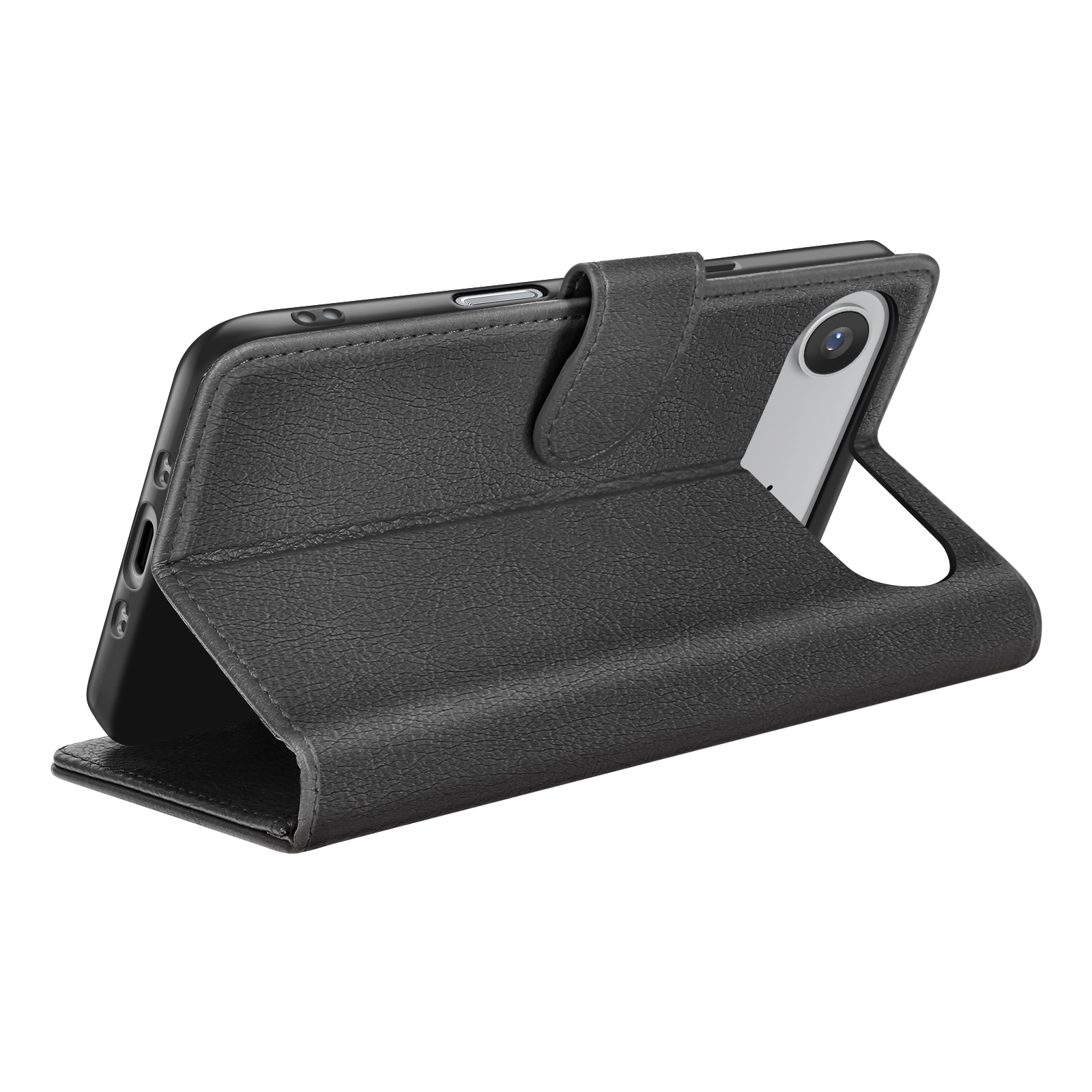 Zwarte leren telefoonhoes, opengeklapt om de telefoon te tonen. Met camera-uitsparing en magneetsluiting.