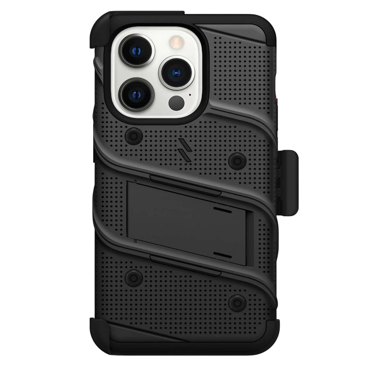 Una custodia nera per telefono con cavalletto e ritaglio per fotocamera. Design strutturato con piccoli fori per presa e protezione.