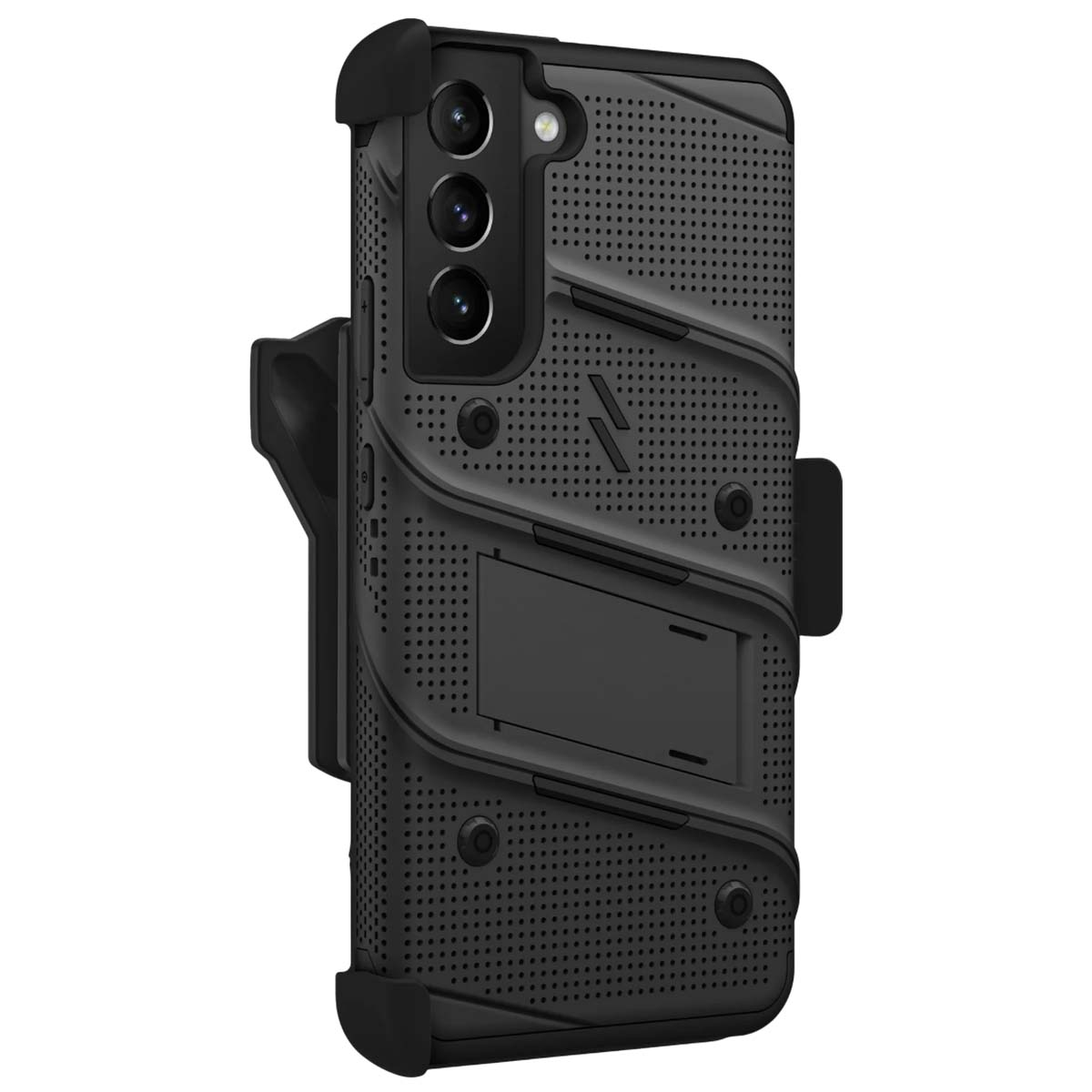 Custodia nera per smartphone con clip. Ha un design strutturato con piccoli fori e un supporto sul retro.