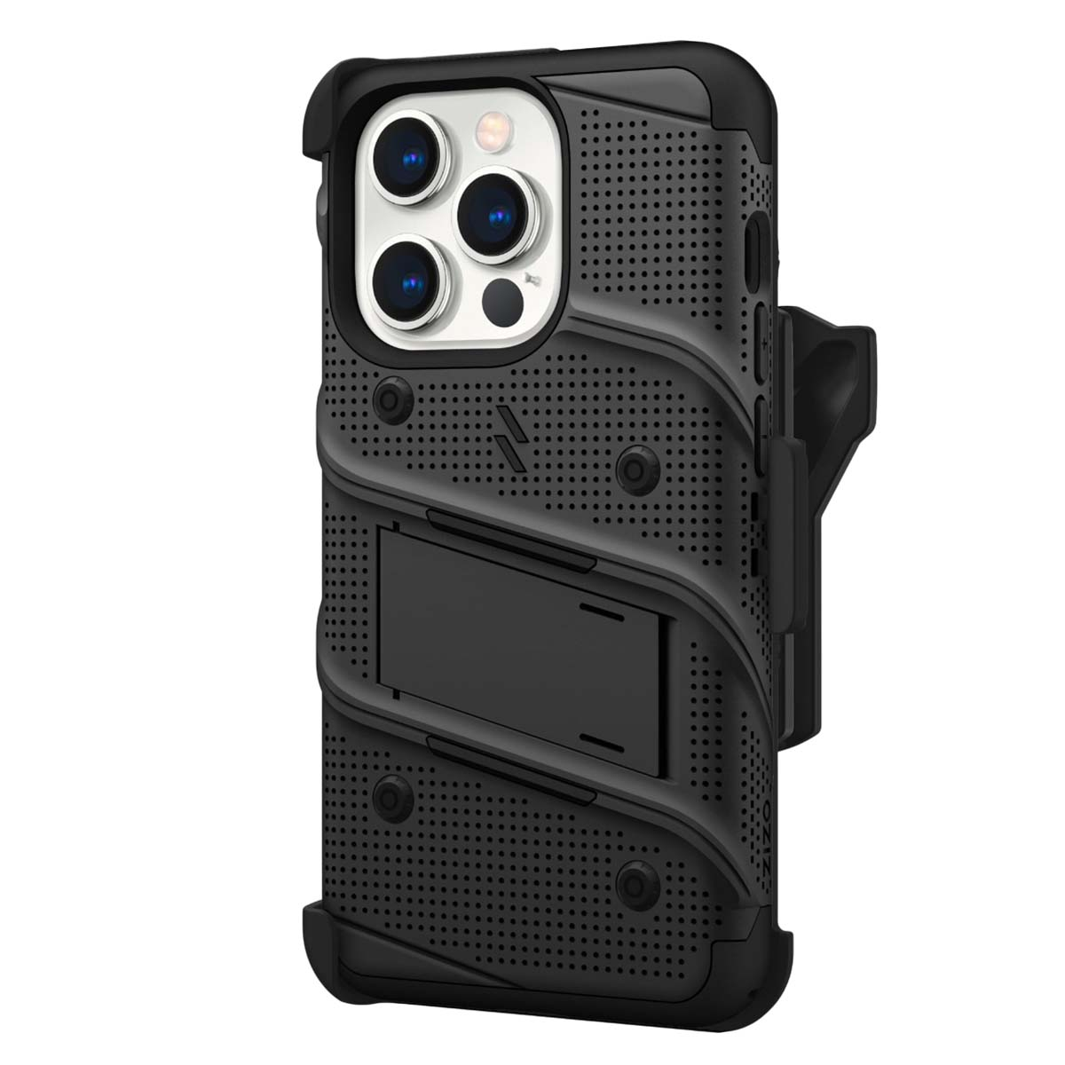 Custodia per telefono nera con supporto e clip da cintura. Ha più fotocamere e un design strutturato. La custodia è su sfondo bianco.
