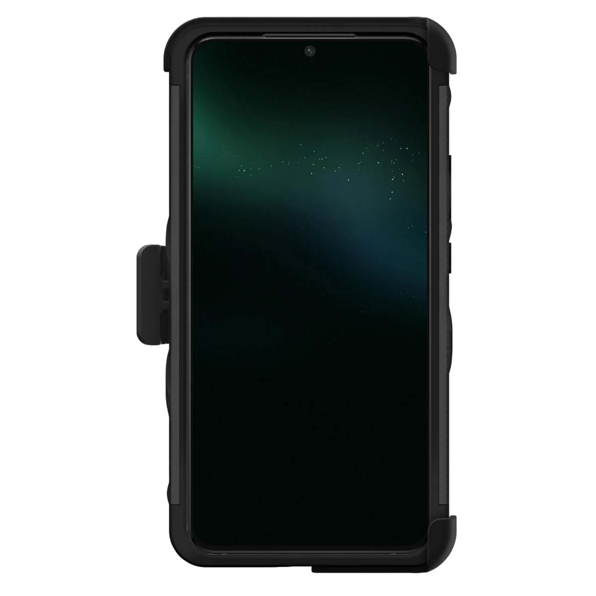Uno smartphone nero in una custodia protettiva. Lo schermo mostra una sfumatura scura con alcuni puntini bianchi.