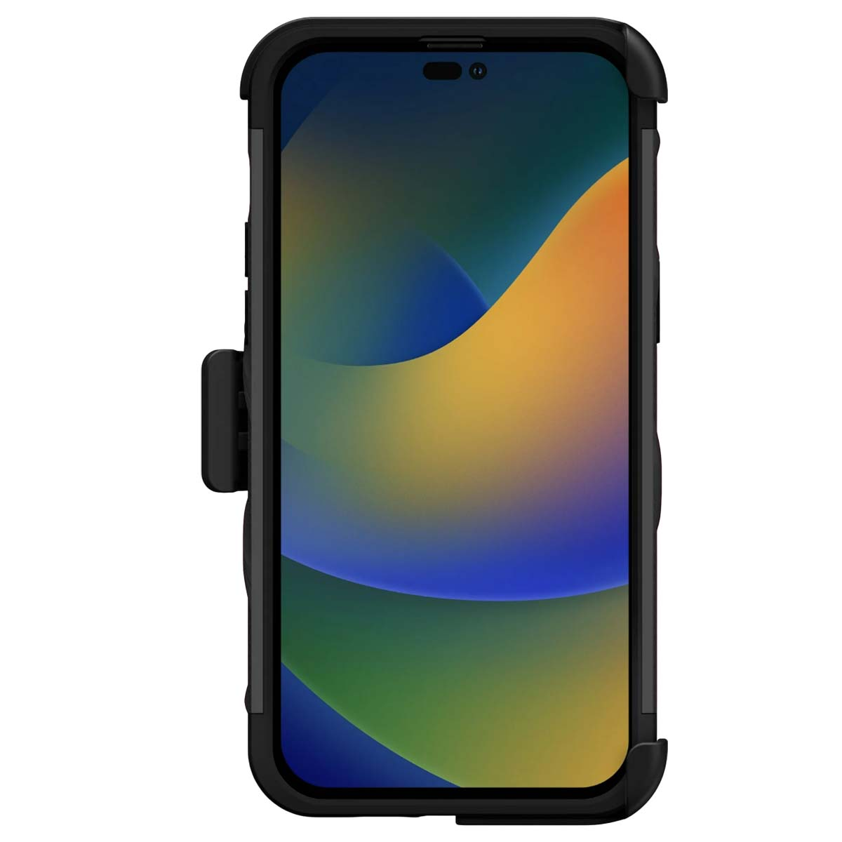 Un telefono nero in una custodia protettiva nera. Lo schermo del telefono mostra uno sfondo astratto e colorato.