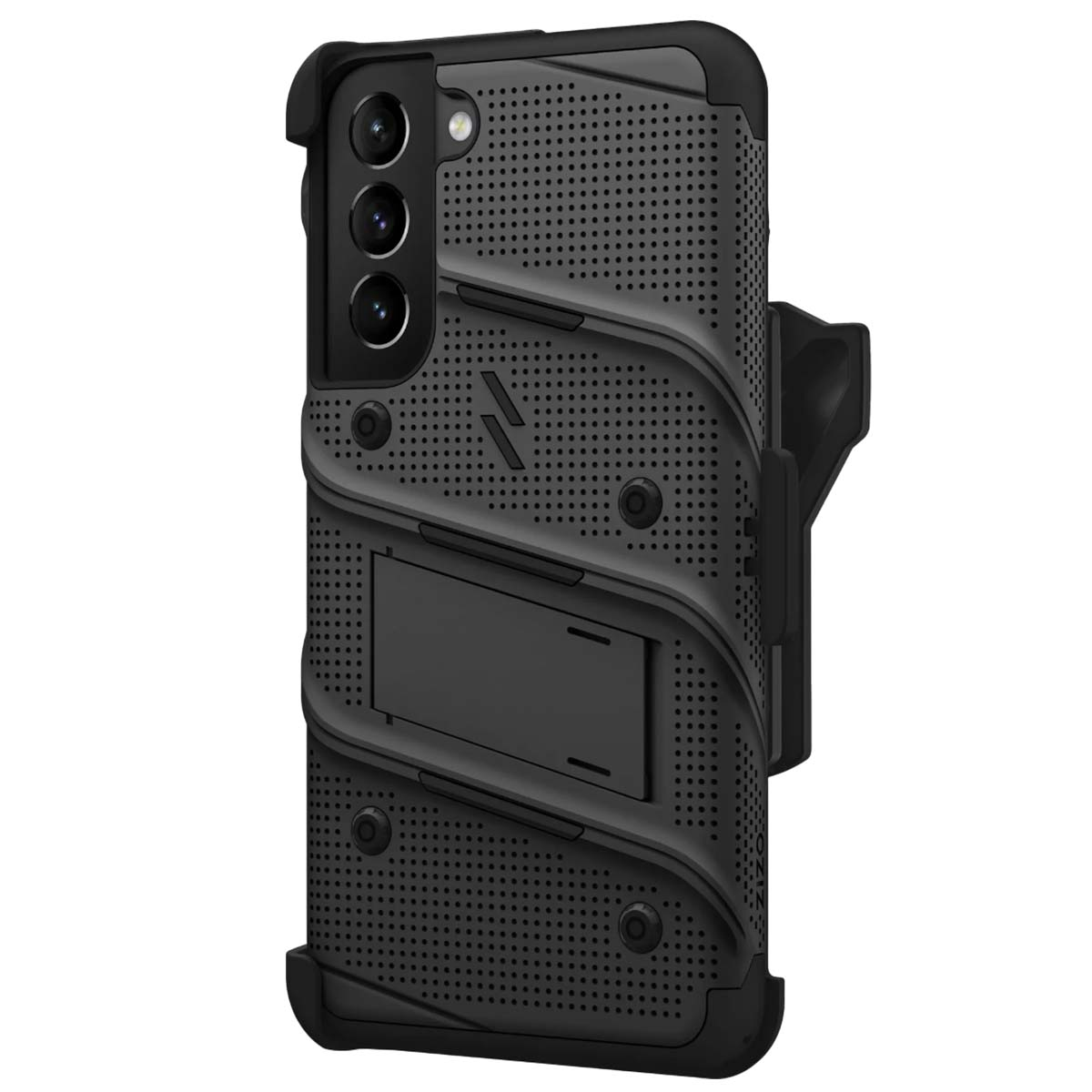 Custodia nera per telefono con supporto e fondina. Presenta un design perforato e un modulo fotocamera.