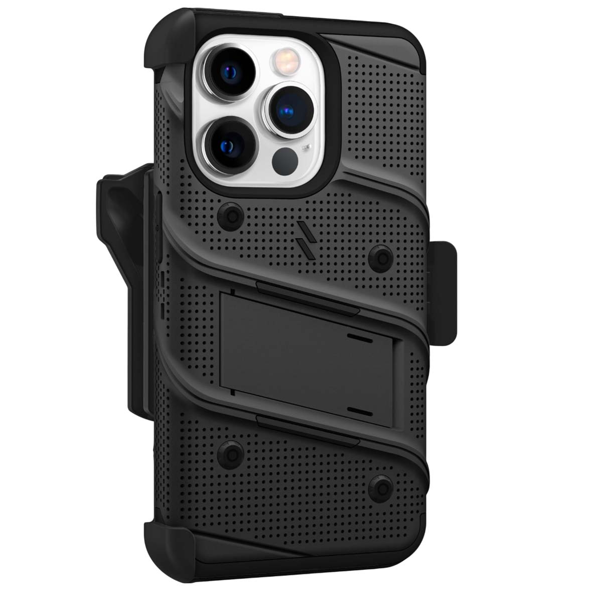 Custodia nera per telefono con fondina. Ha un design perforato, ritagli per la fotocamera e un supporto. La custodia è su sfondo bianco.