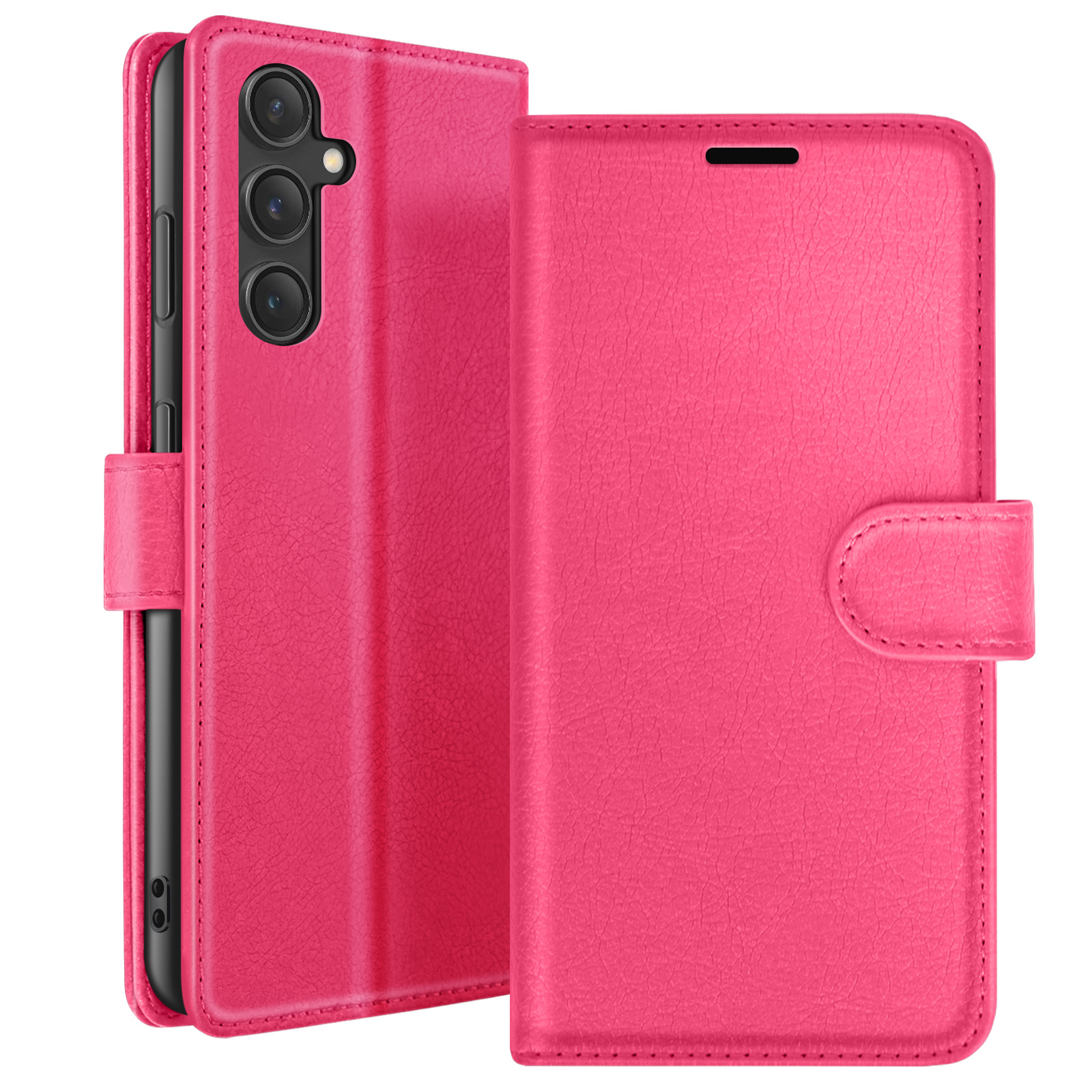 Étui de téléphone rose avec rabat et fermeture à bouton. Le téléphone a trois caméras. L'étui est ouvert et le téléphone est à l'intérieur.