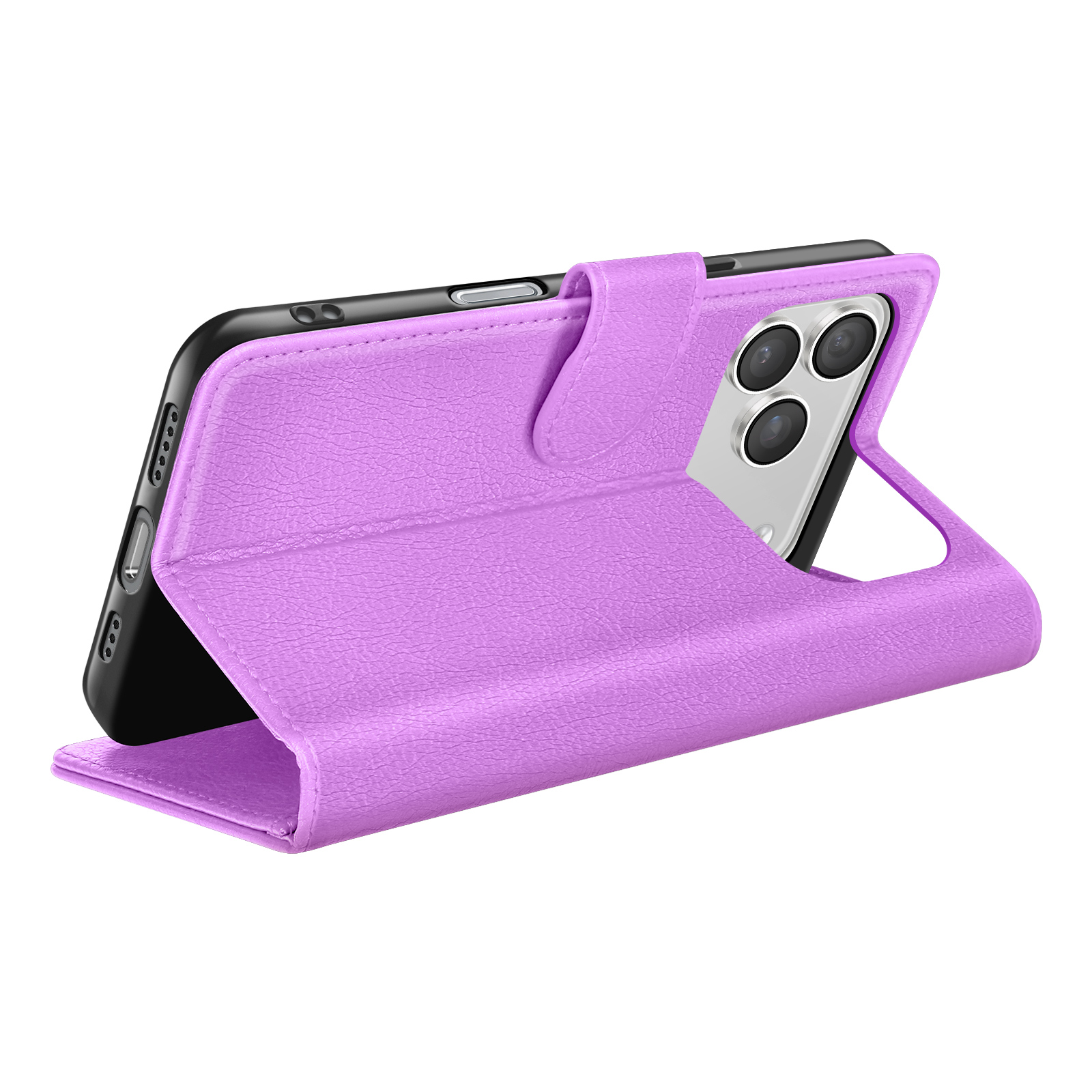 Un étui de téléphone lilas avec un téléphone à l'intérieur. L'étui est ouvert et le téléphone est incliné, la caméra est visible.