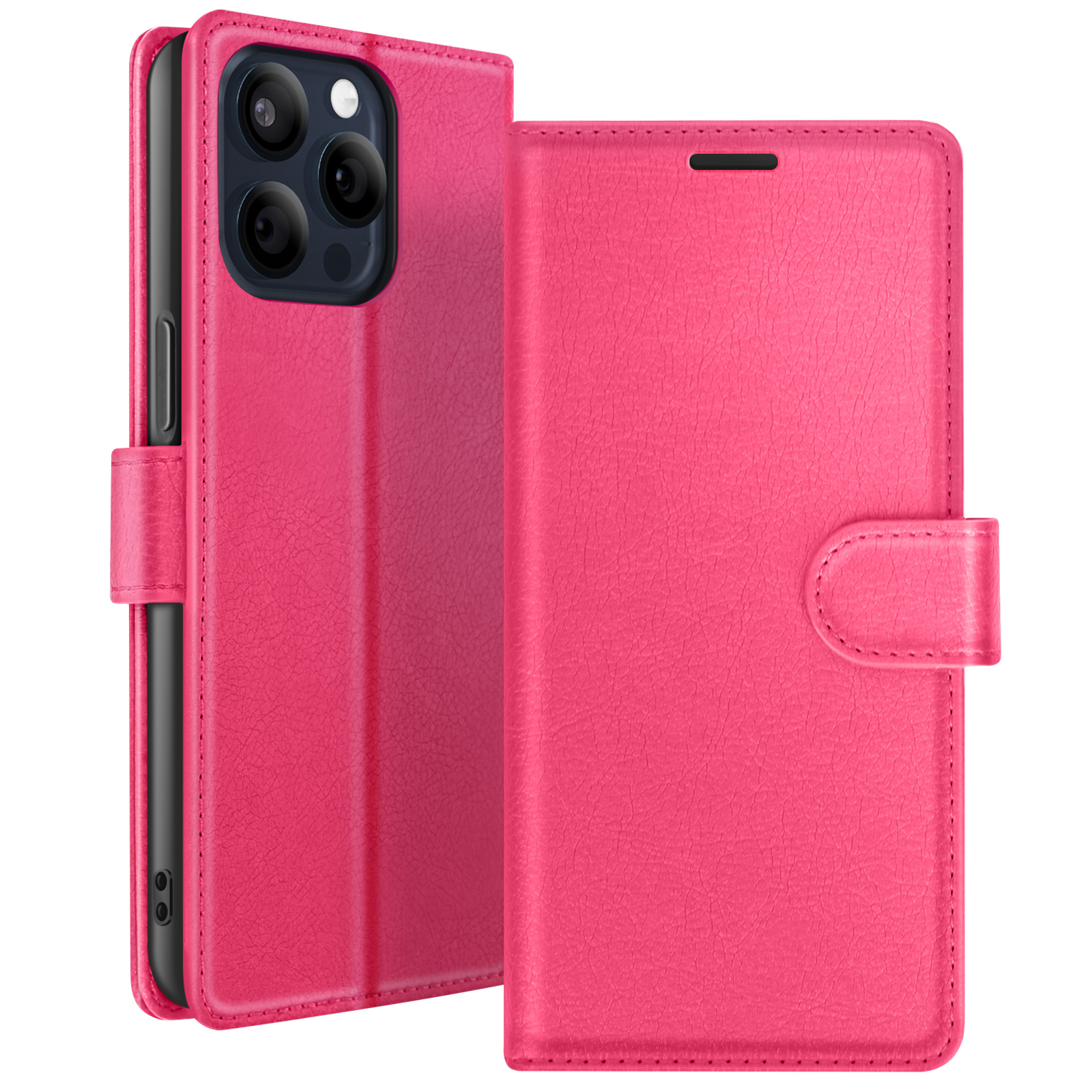 Een roze leren telefoonhoesje, open, met een telefoon met cameralenzen. De hoes heeft een magnetische sluiting.