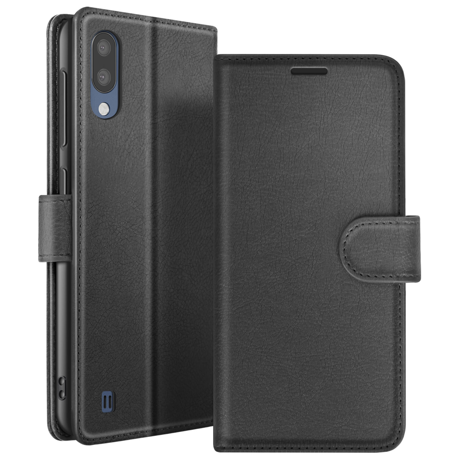 Étui de téléphone noir, ouvert. Téléphone visible avec caméra et bouton. Texture cuir. Fermeture à bouton sur le côté droit.