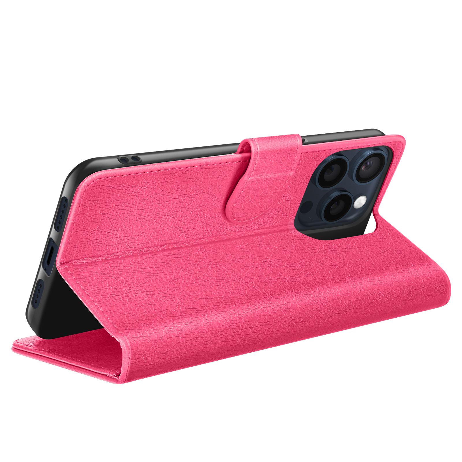 Een roze leren telefoonhoesje wordt getoond, open om een zwarte telefoon te onthullen. De hoes heeft een magnetische sluiting.