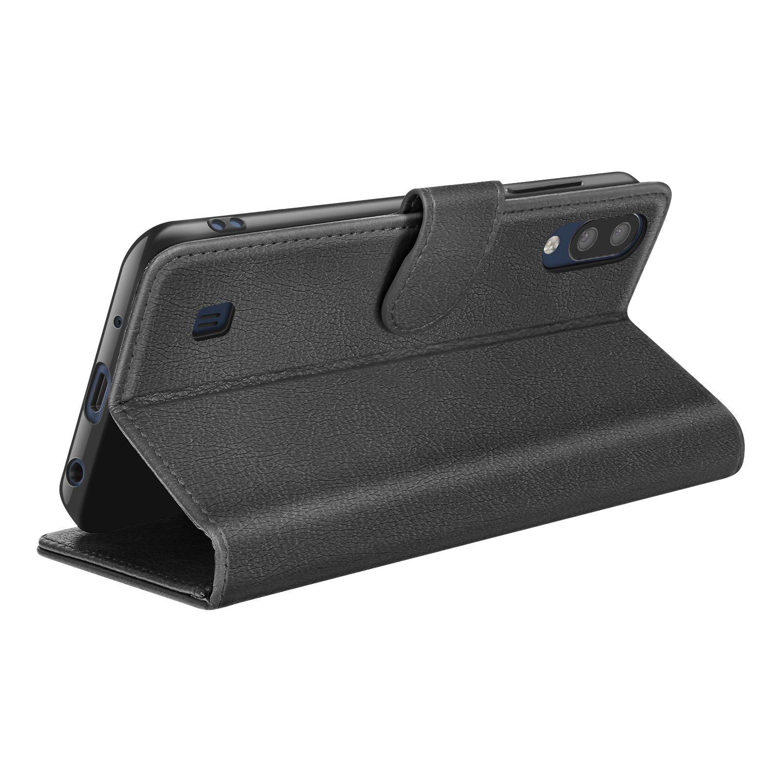Étui de téléphone noir avec rabat. L'étui est ouvert, montrant le téléphone à l'intérieur. Le fond est blanc.