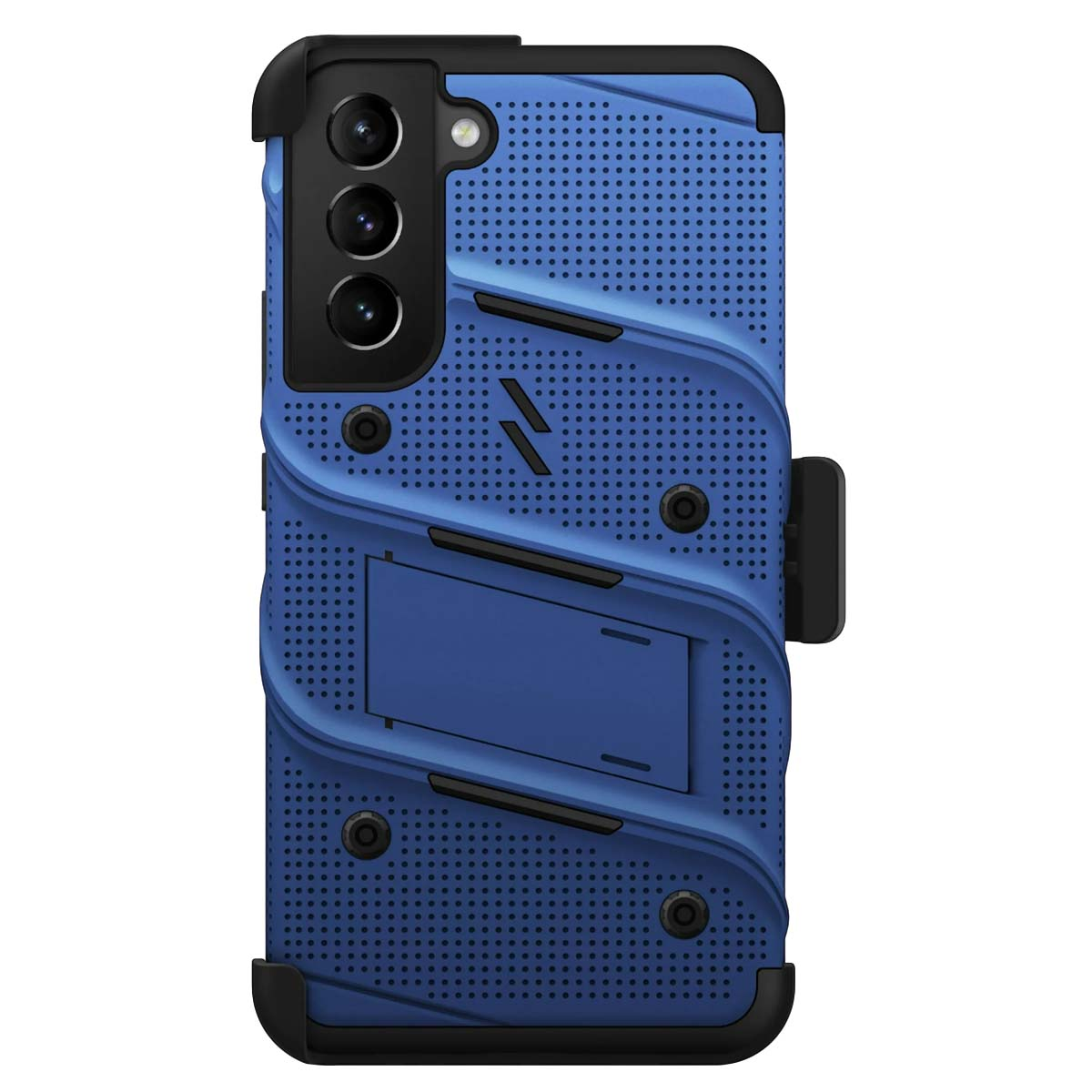 Custodia blu per telefono con dettagli neri, un supporto e una clip per cintura. Presenta un ritaglio per la fotocamera con tre lenti e una texture a pois.