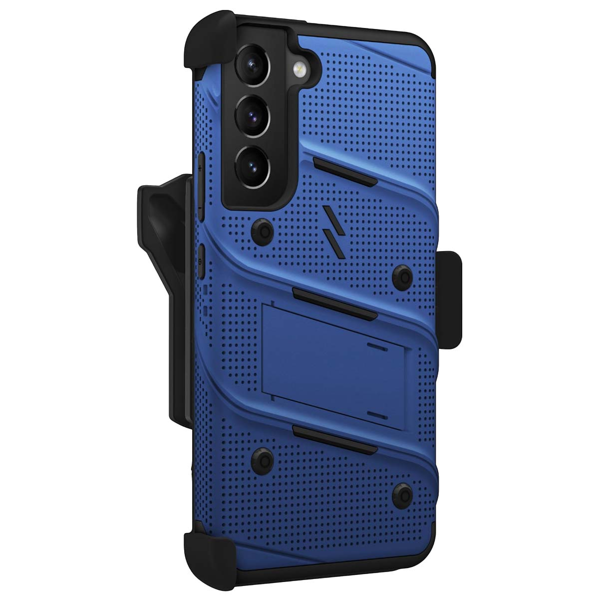 Una custodia per telefono blu con fondina nera. Ha un design perforato e più fotocamere. La custodia è protettiva e robusta.