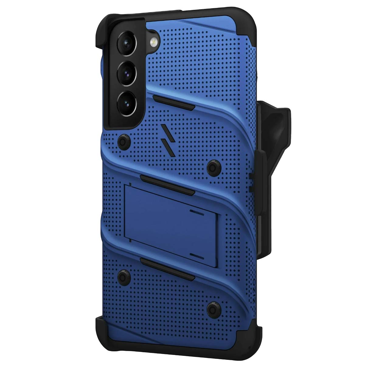 Custodia per telefono blu e nera. Ha un supporto e una clip da cintura. La custodia ha un design strutturato con molti piccoli fori.
