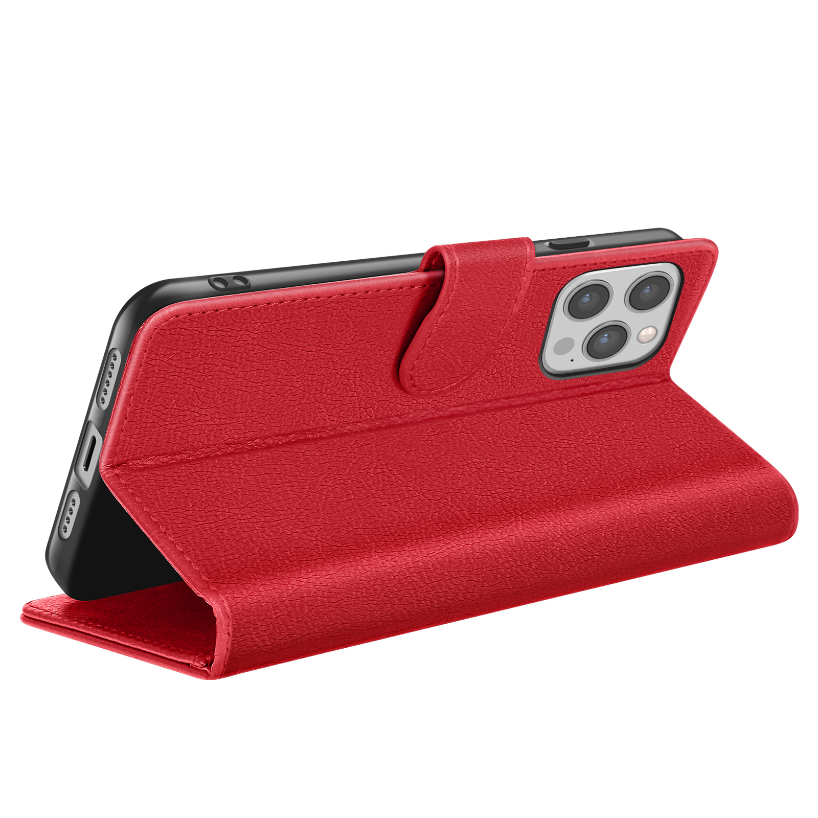 Una custodia per telefono in pelle rossa è aperta, mostrando il telefono. La custodia avvolge il telefono e ha una chiusura magnetica.