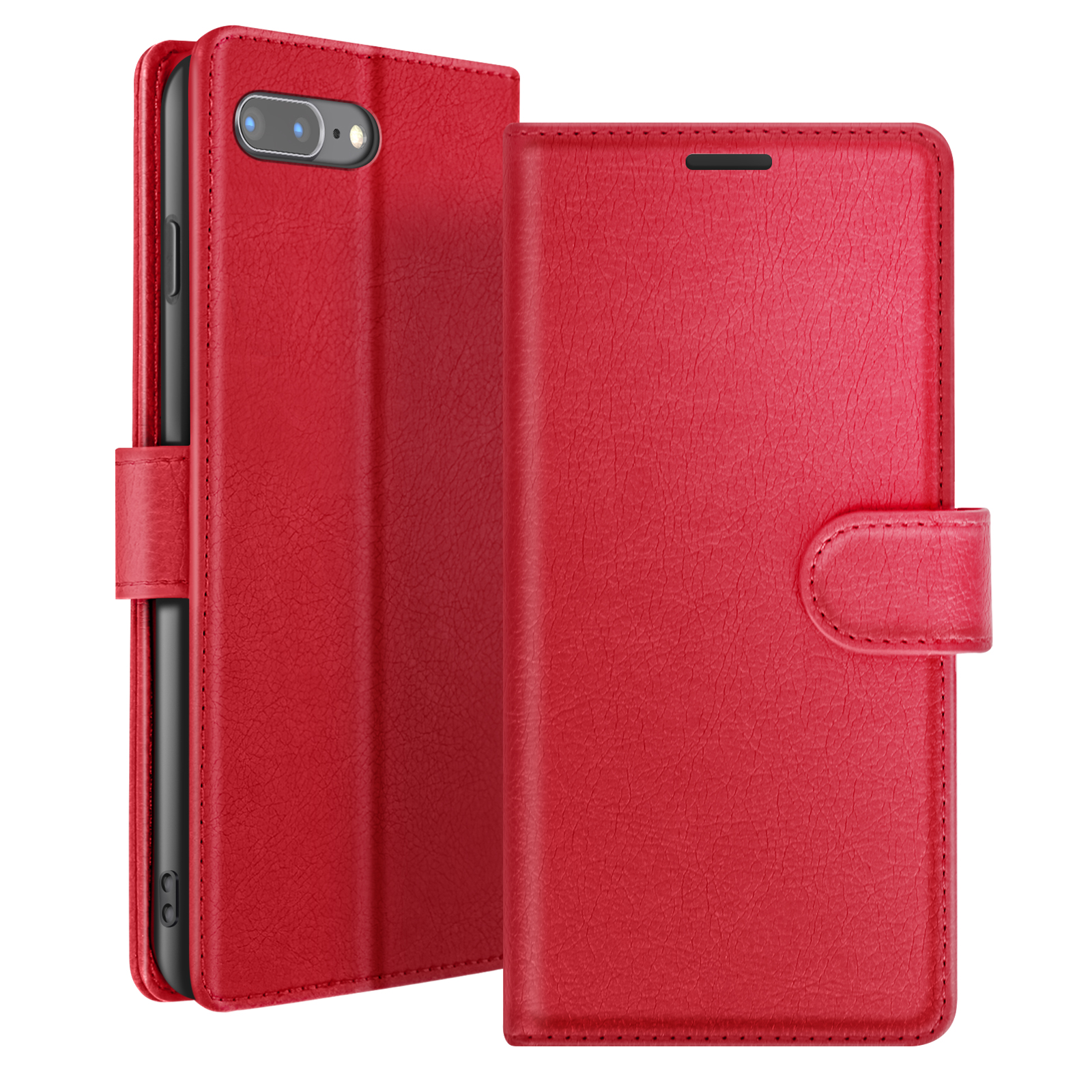 Étui de téléphone en cuir rouge ouvert, révélant un téléphone noir. L'étui a un rabat avec fermeture à bouton.