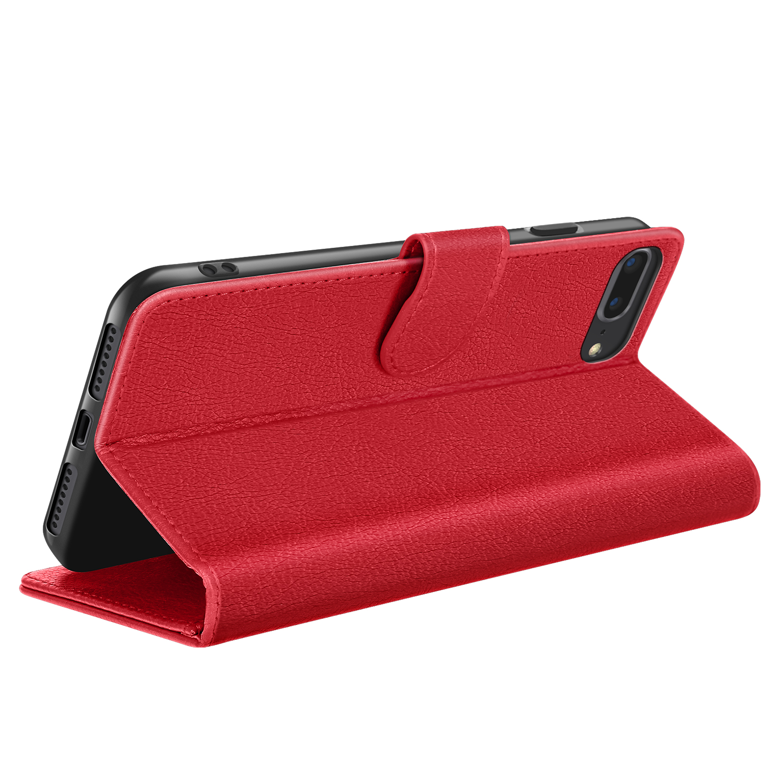 Un étui de téléphone rouge avec un téléphone ouvert. L'étui est texturé en cuir. Le téléphone a une caméra et des boutons.