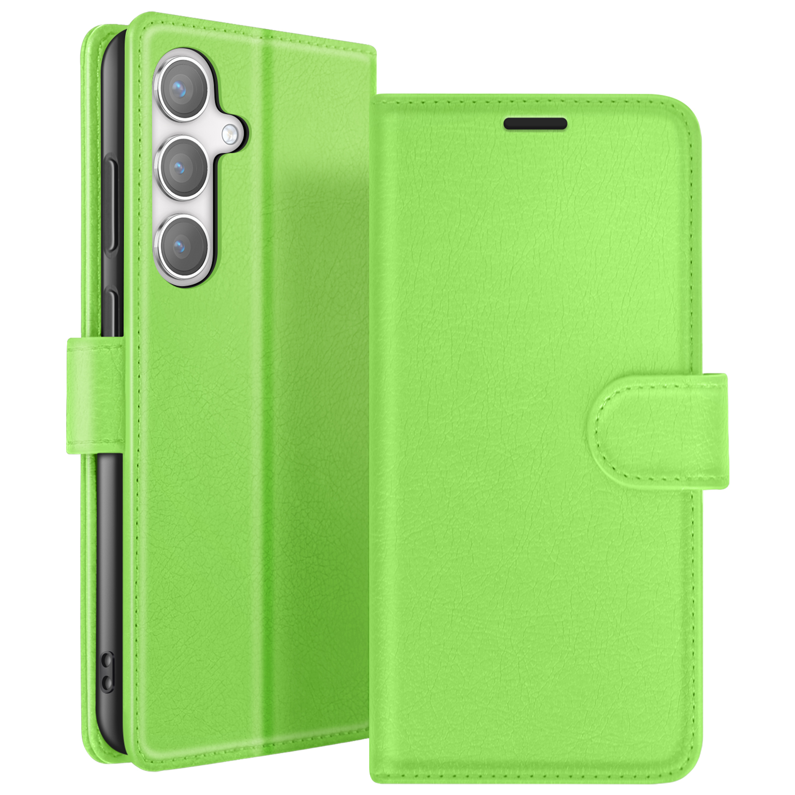 Un étui de téléphone vert citron est ouvert. L'étui est conçu pour un smartphone.