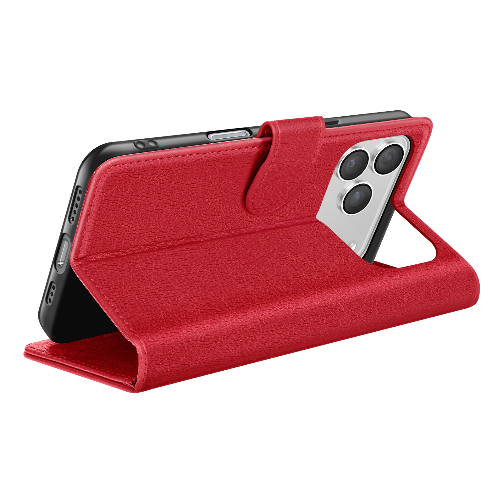 Een rode telefoonhoes in een standaard. Er zit een zwarte telefoon in. Drie camera's zijn zichtbaar.