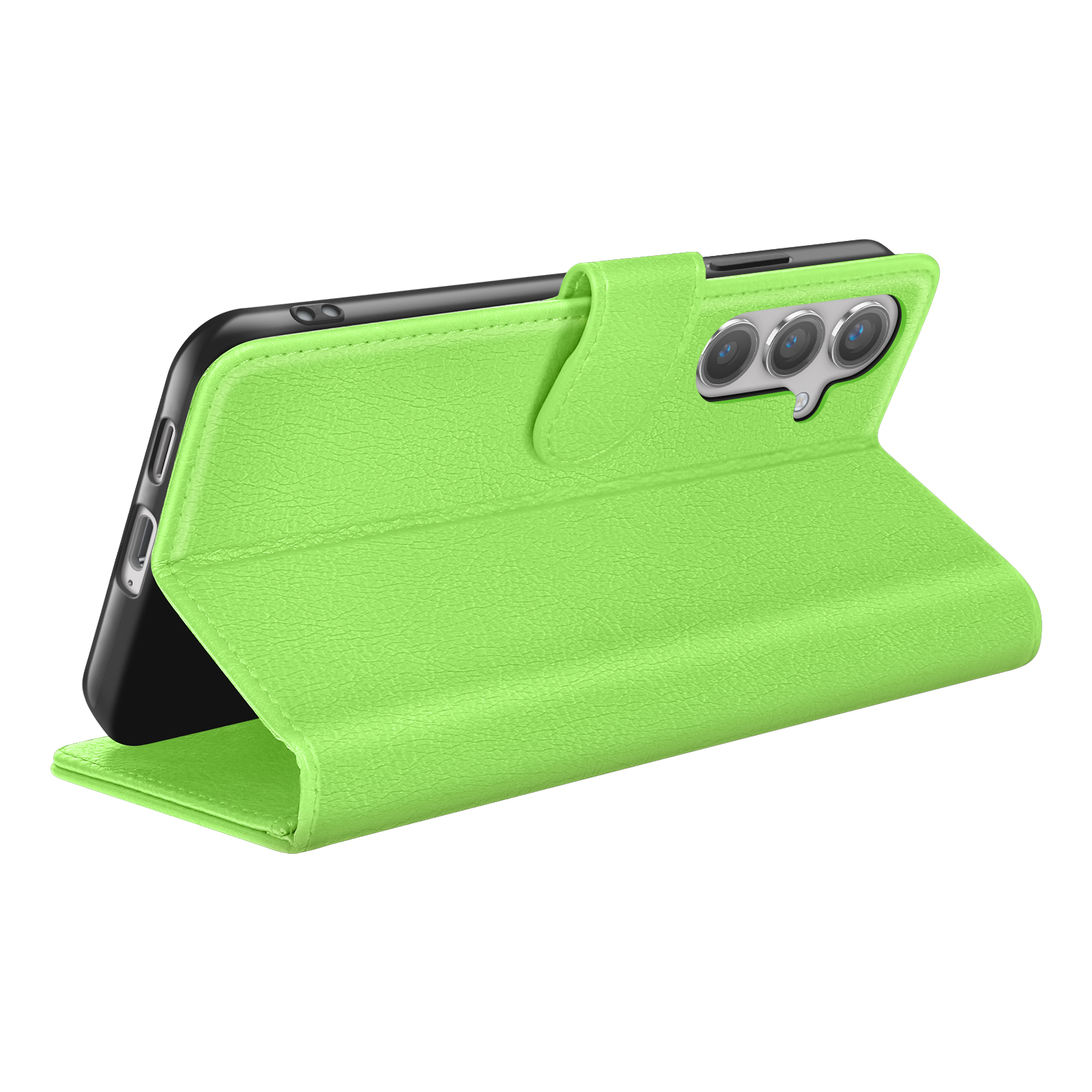 Un étui de téléphone vert est ouvert, tenant un téléphone noir. L'étui a une surface texturée, le téléphone a plusieurs caméras.