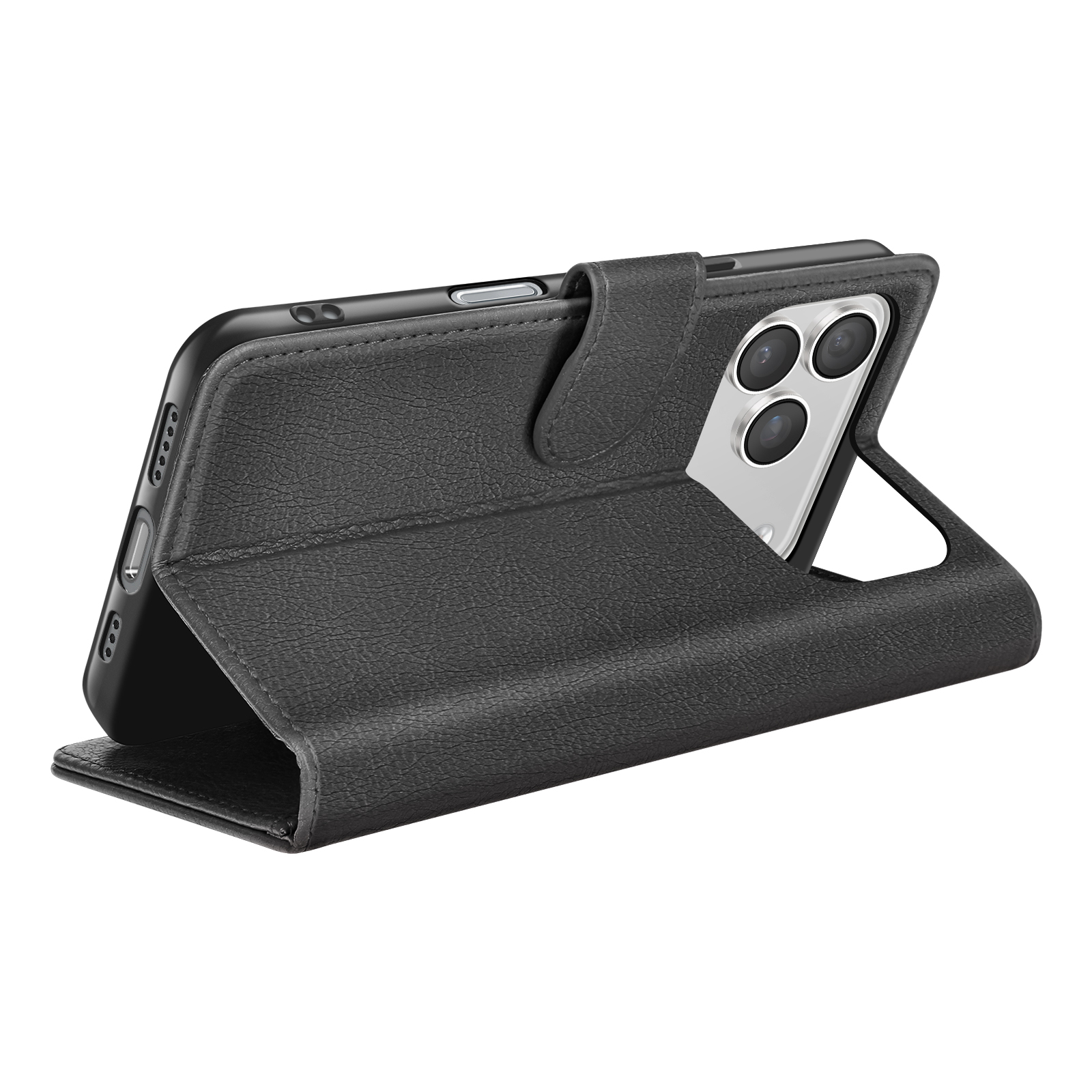 Zwarte telefoonhoes met een open flap, die de telefoon laat zien. De hoes heeft een getextureerd oppervlak.